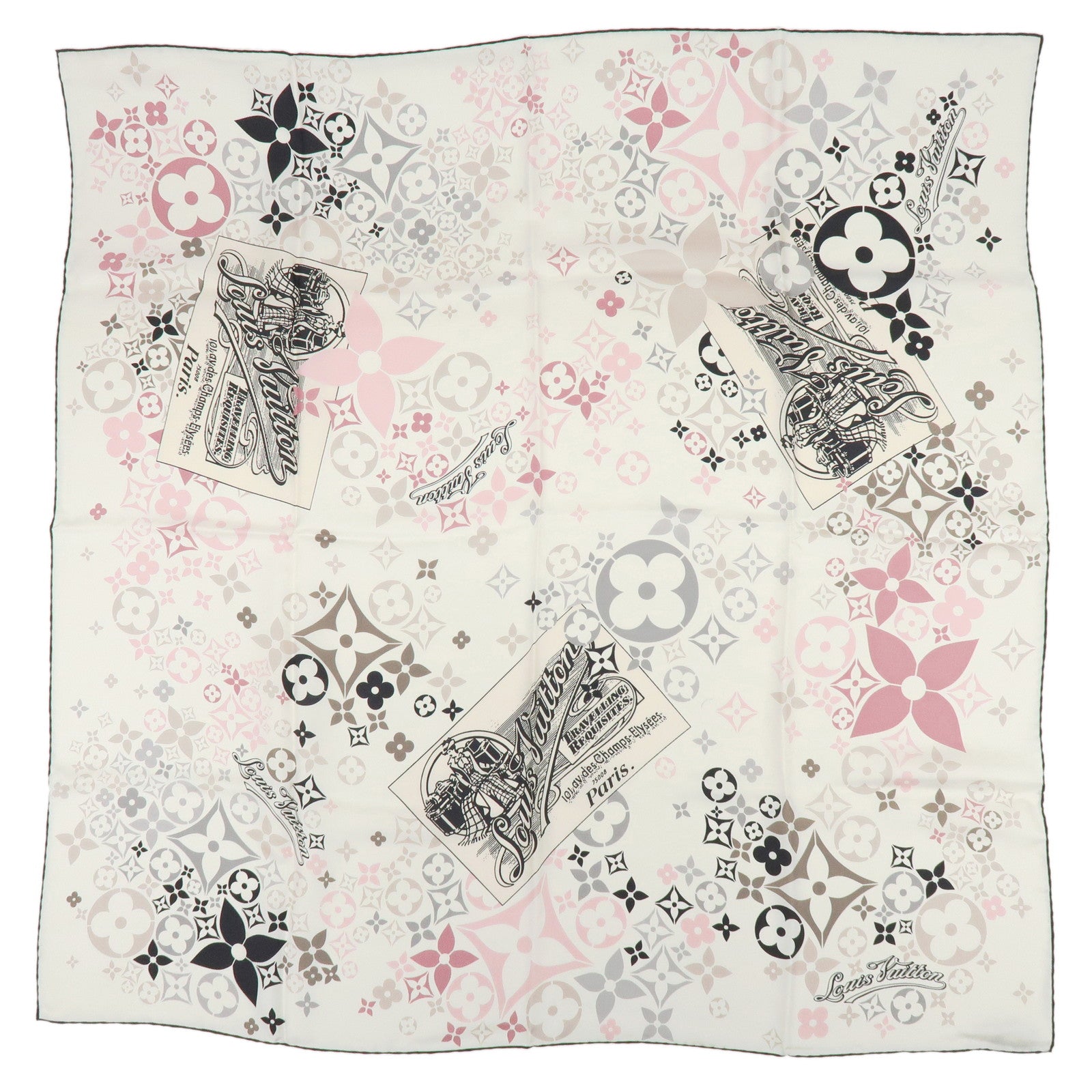 Louis Vuitton Silk 100% Scarf TRAVELLING REQUISITES Gray Light Pink