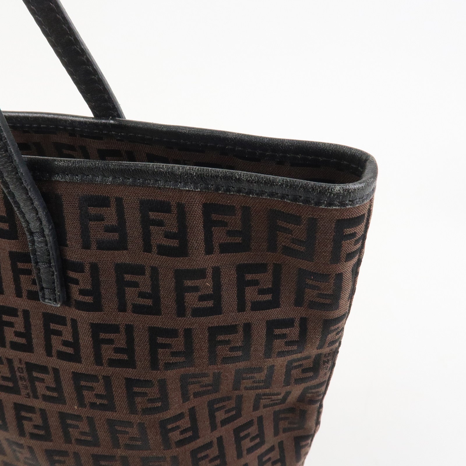 FENDI Zucchino Canvas Leather Tote Bag Hand Bag Brown Black 8BH074