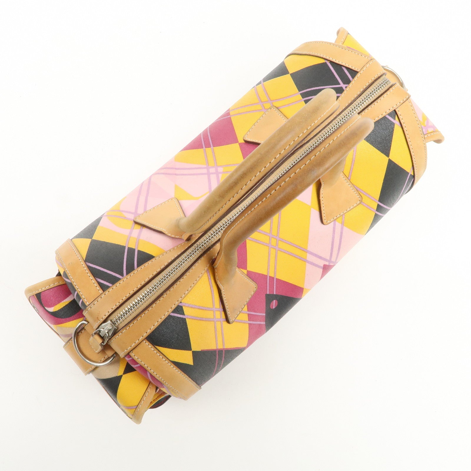 Christian Dior PVC Leather 2Way Bag Boston Bag Yellow Pink Brown