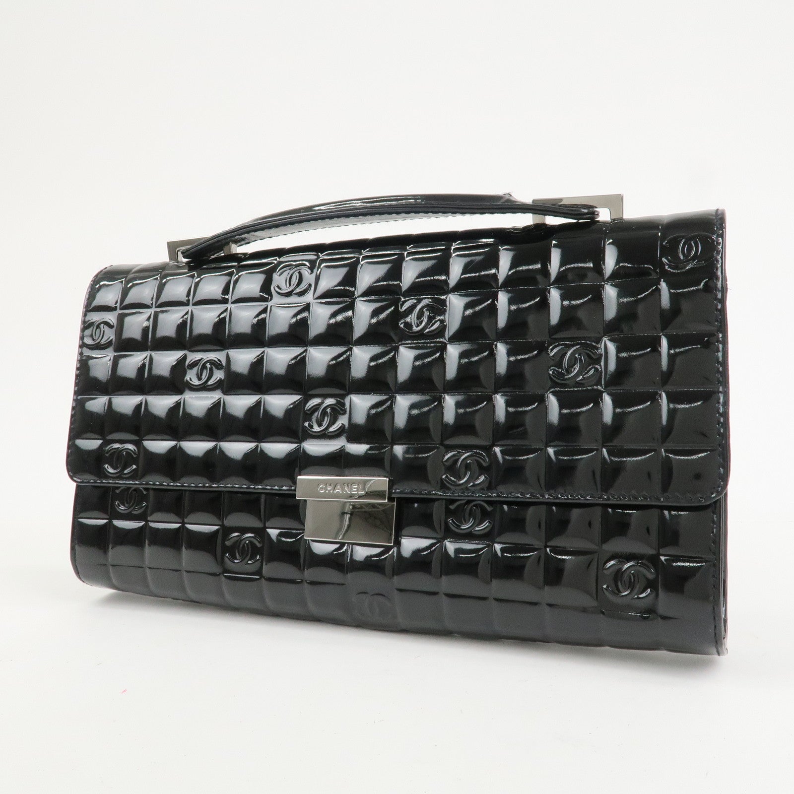 CHANEL Chocolate Bar COCO Mark Patent Leather Hand Bag Black