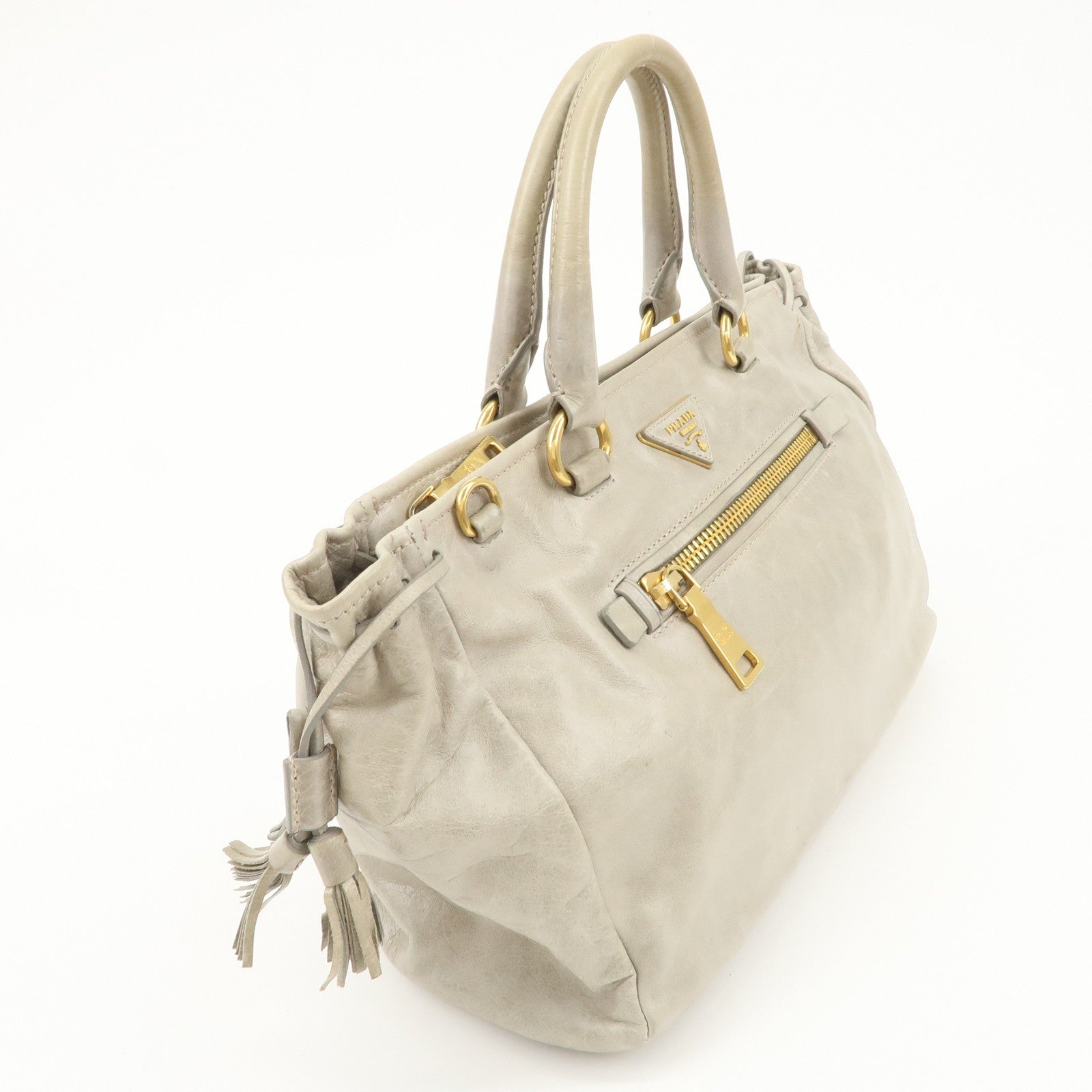 PRADA Triangle Logo VITELLOSHINE Leather 2Way Bag Hand Bag Gray BN1921 Used