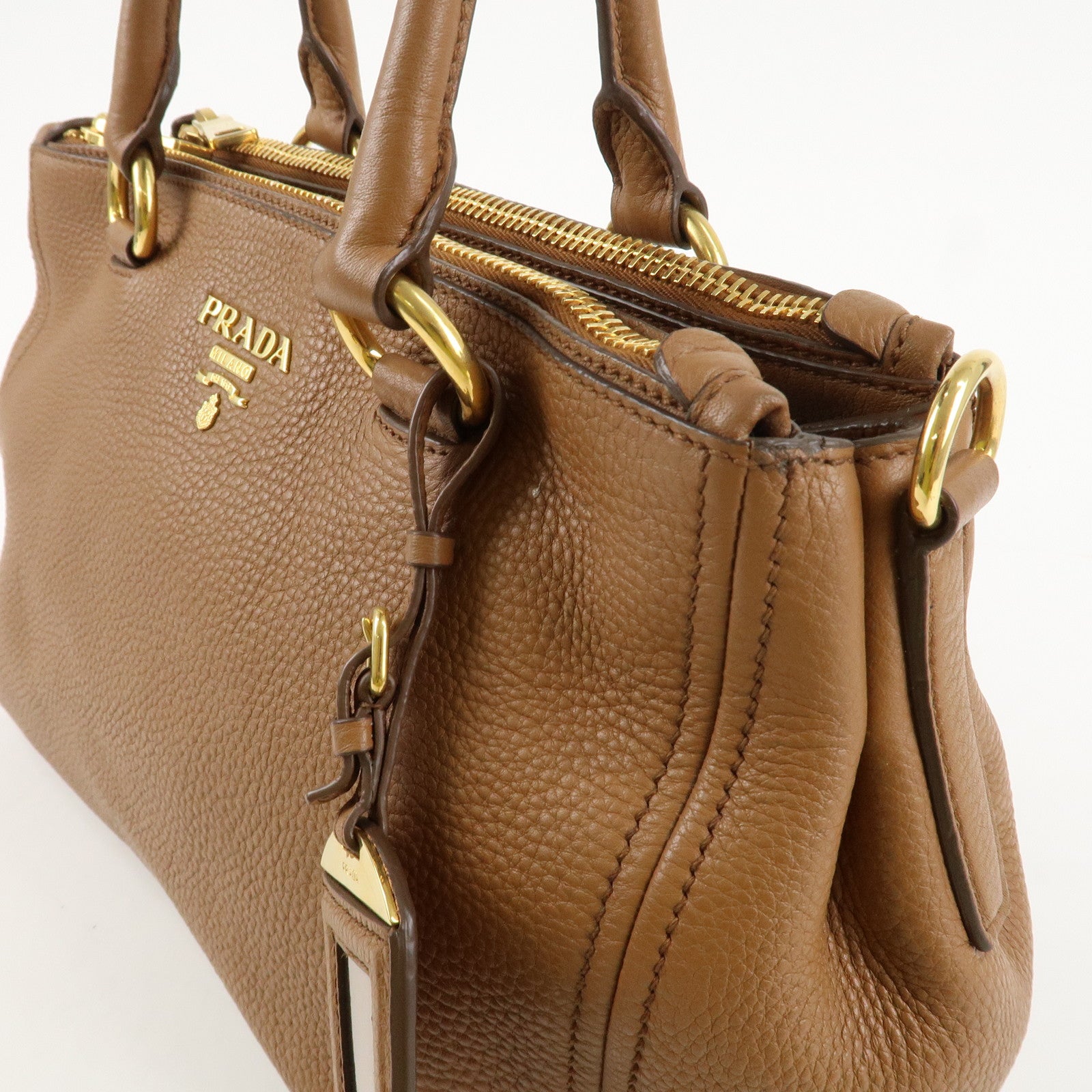 PRADA Logo VIT.DAINO Calf Leather 2Way Tote Bag Brown 1BA866 Used