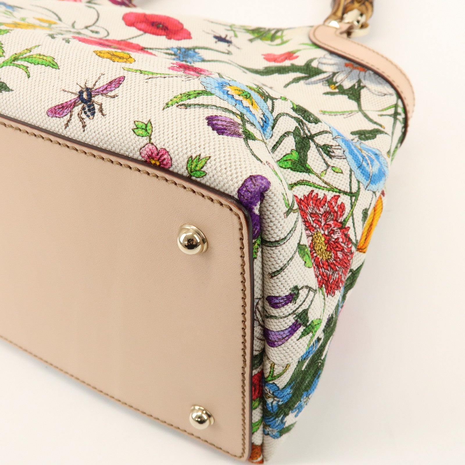 GUCCI Bamboo Flora Canvas Leather Hand Bag Multicolor Beige 137395
