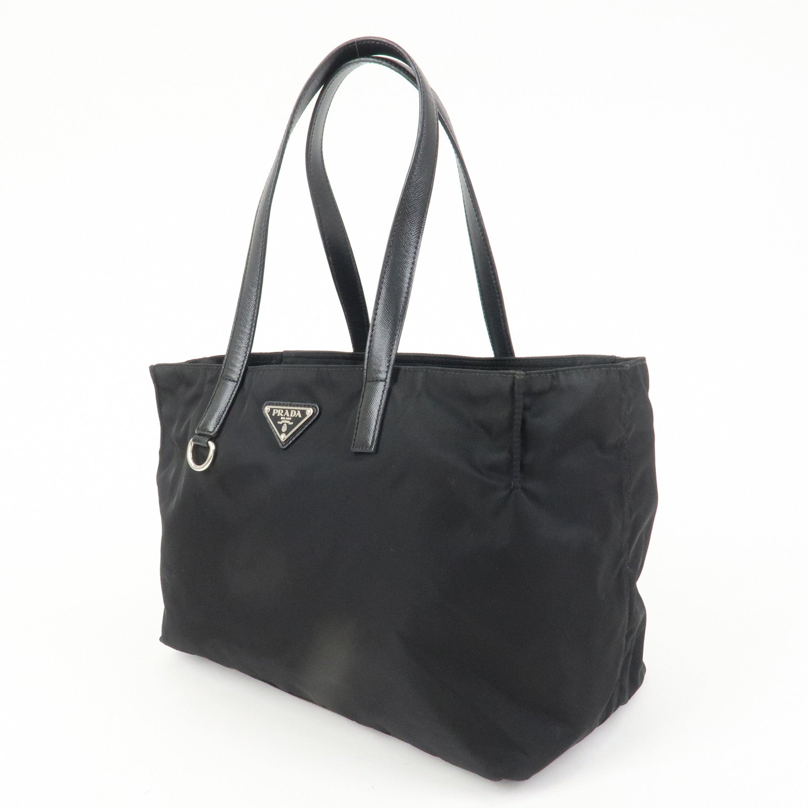 PRADA Triangle Logo Nylon Saffiano Leather Tote Shoulder Bag Black