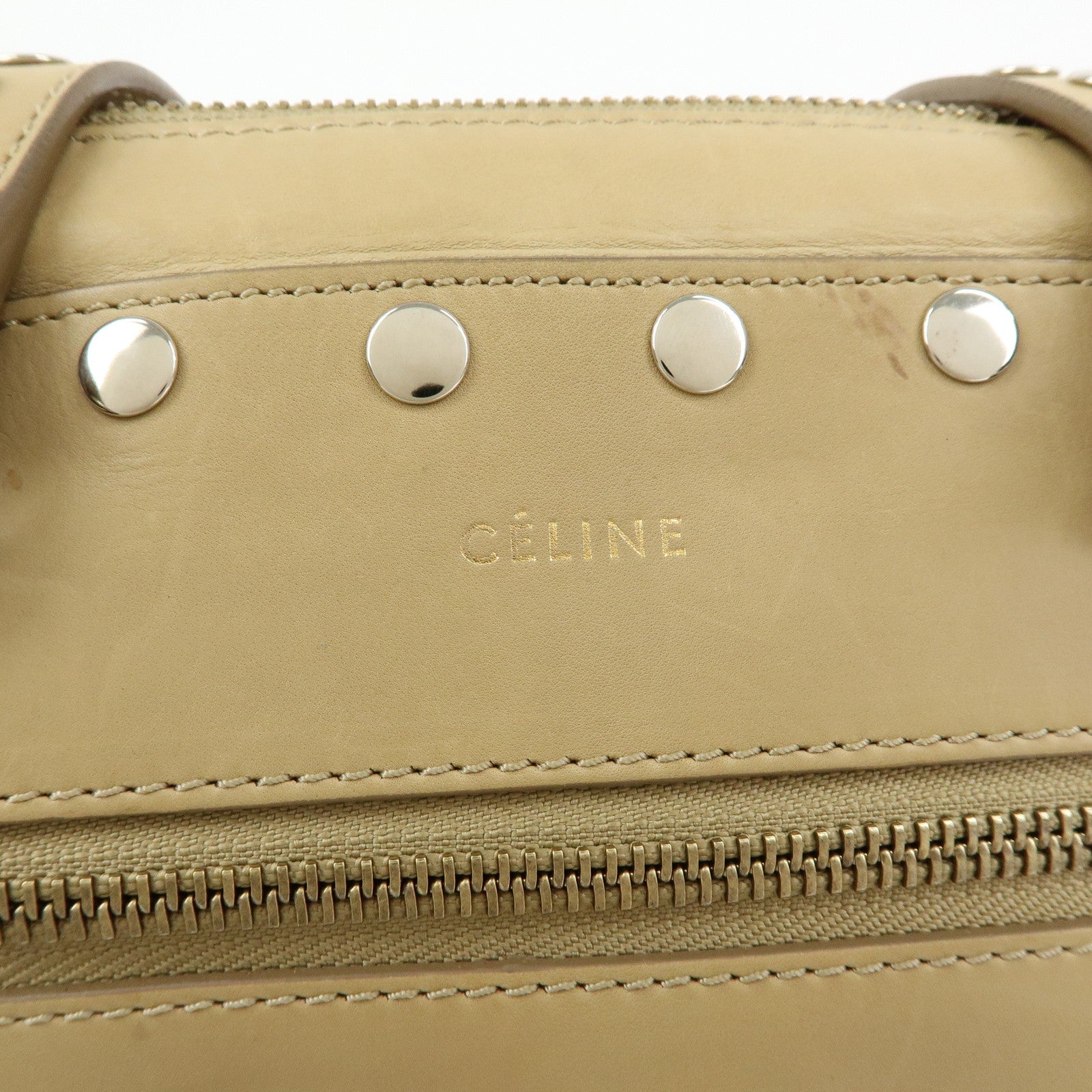 CELINE Leather Hand Bag Bowling Bag Beige Studs