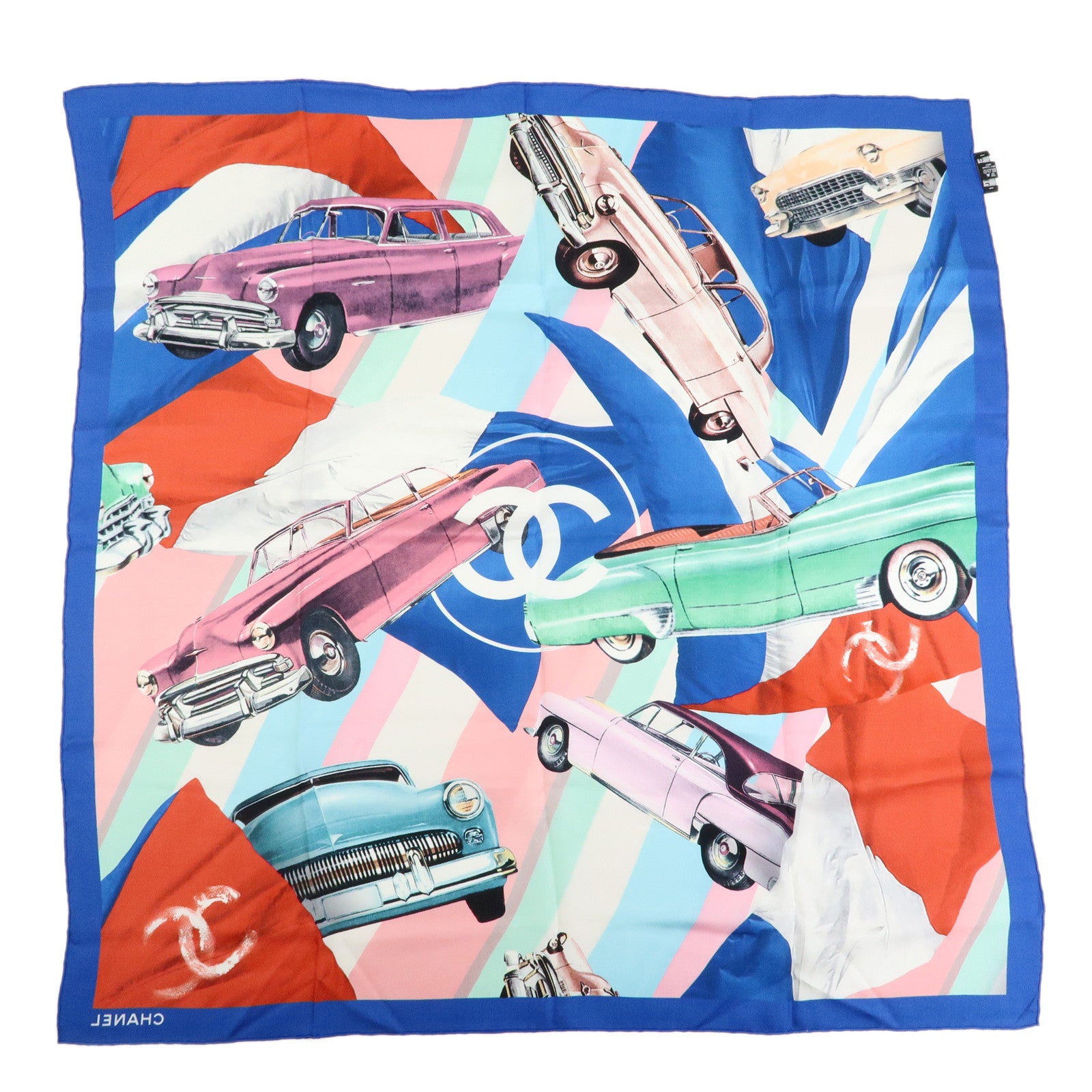 CHANEL Silk 100% Scarf Classic Car Print Blue Pink