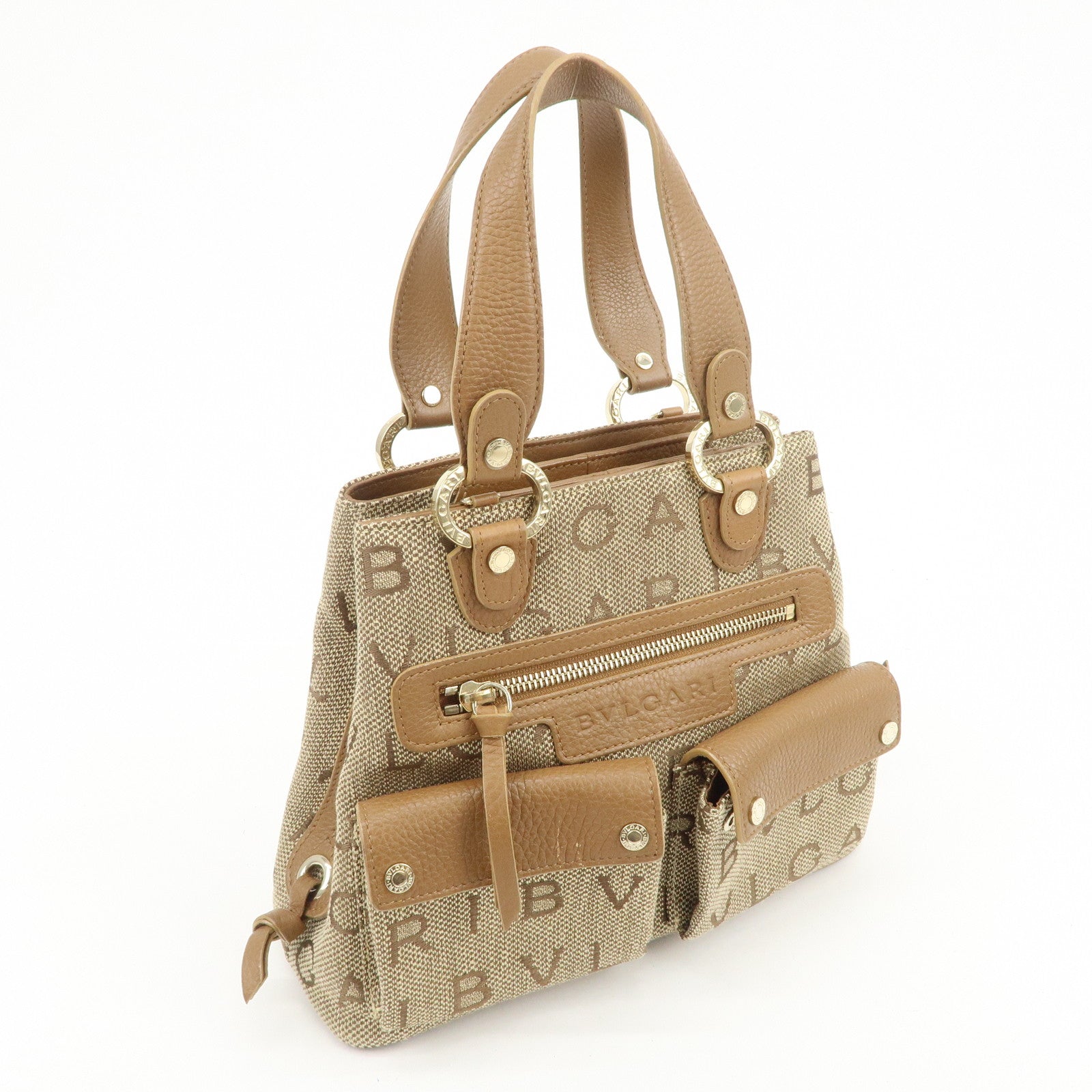 BVLGARI Logo Mania Canvas Leather Hand Bag Light Brown