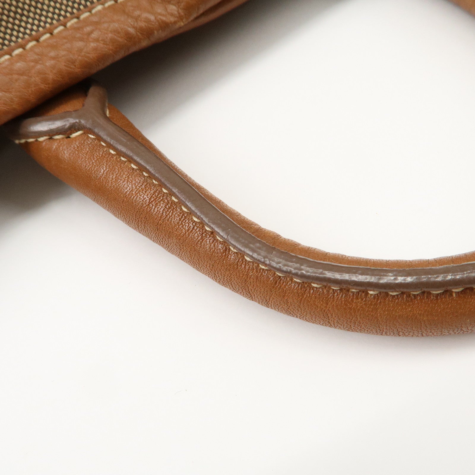 PRADA Leather Logo Jacquard Tote Bag Ribbon Beige Brown BN1841 Used