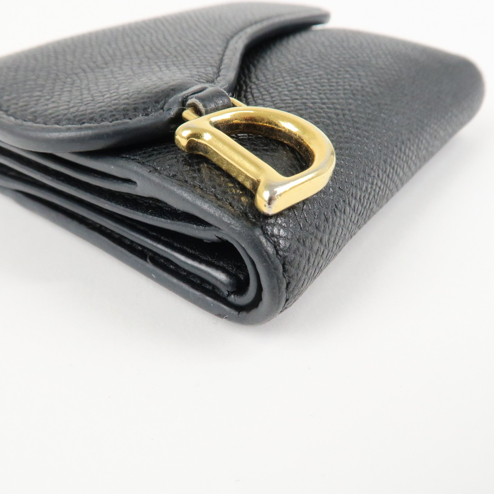 Christian Dior Saddle Leather Compact Wallet Black Gold Hardware Used