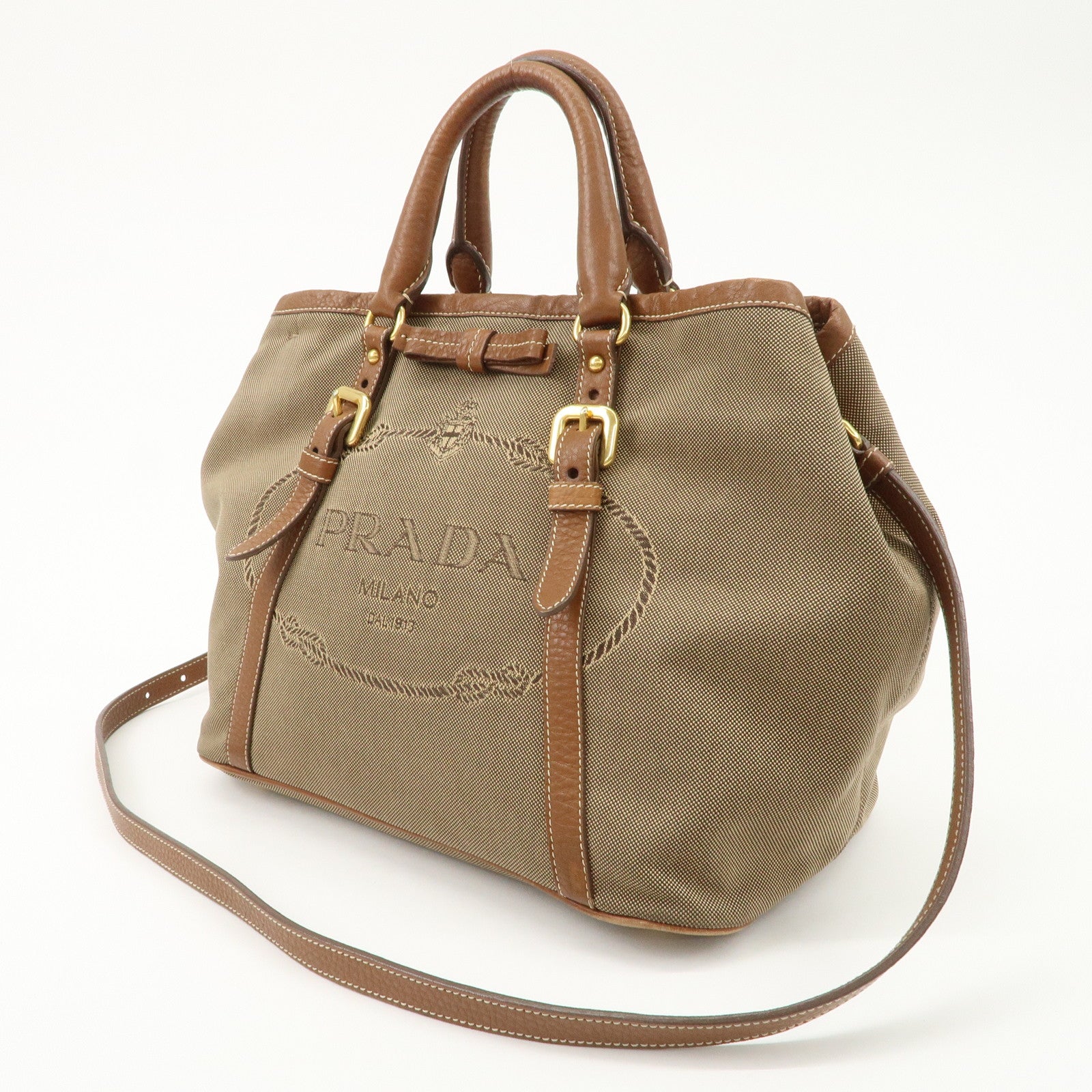 PRADA Leather Logo Jacquard Tote Bag Ribbon Beige Brown BN1841 Used