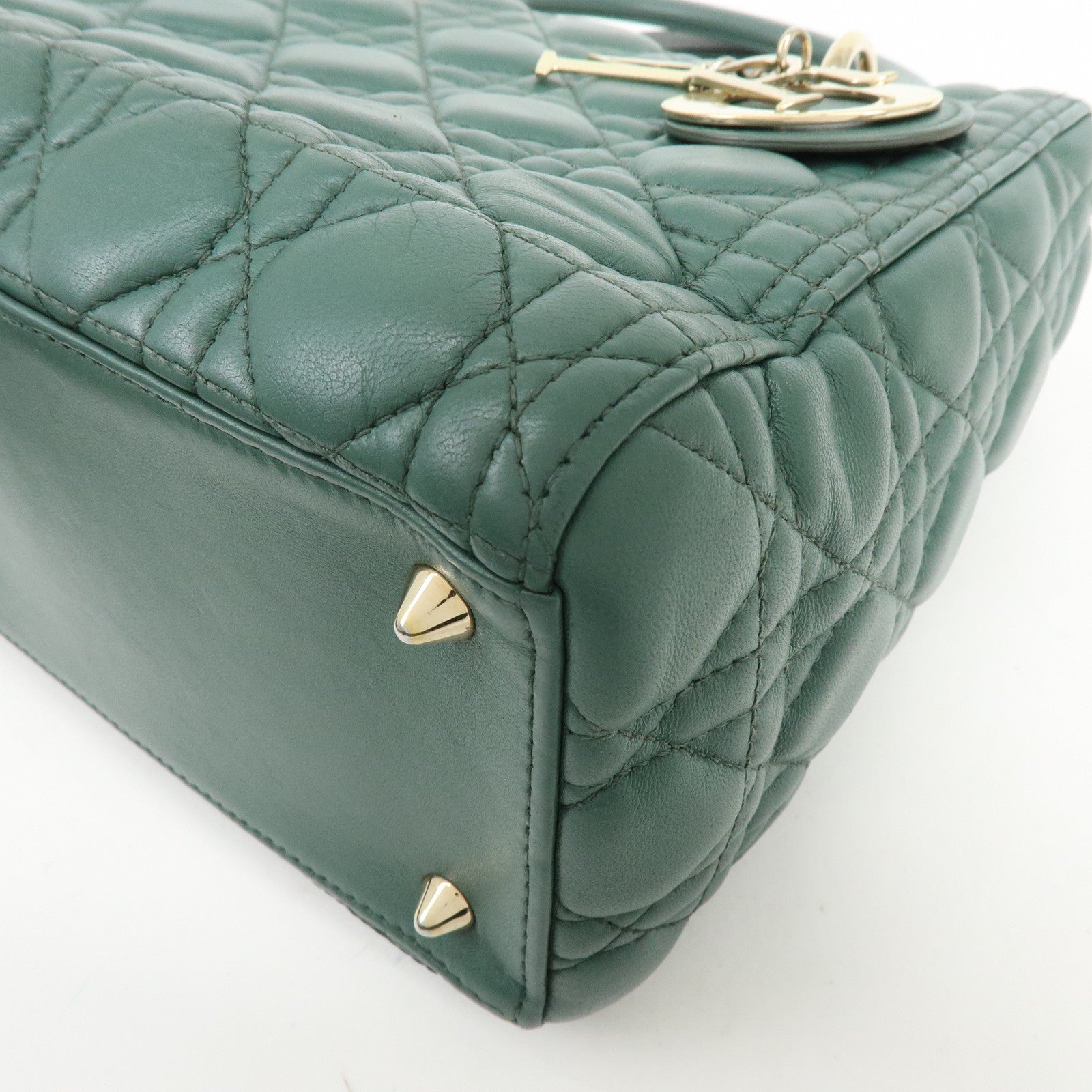 Christian Dior Lady Dior Cannage Lamb Skin 2Way Bag Hand Bag Green
