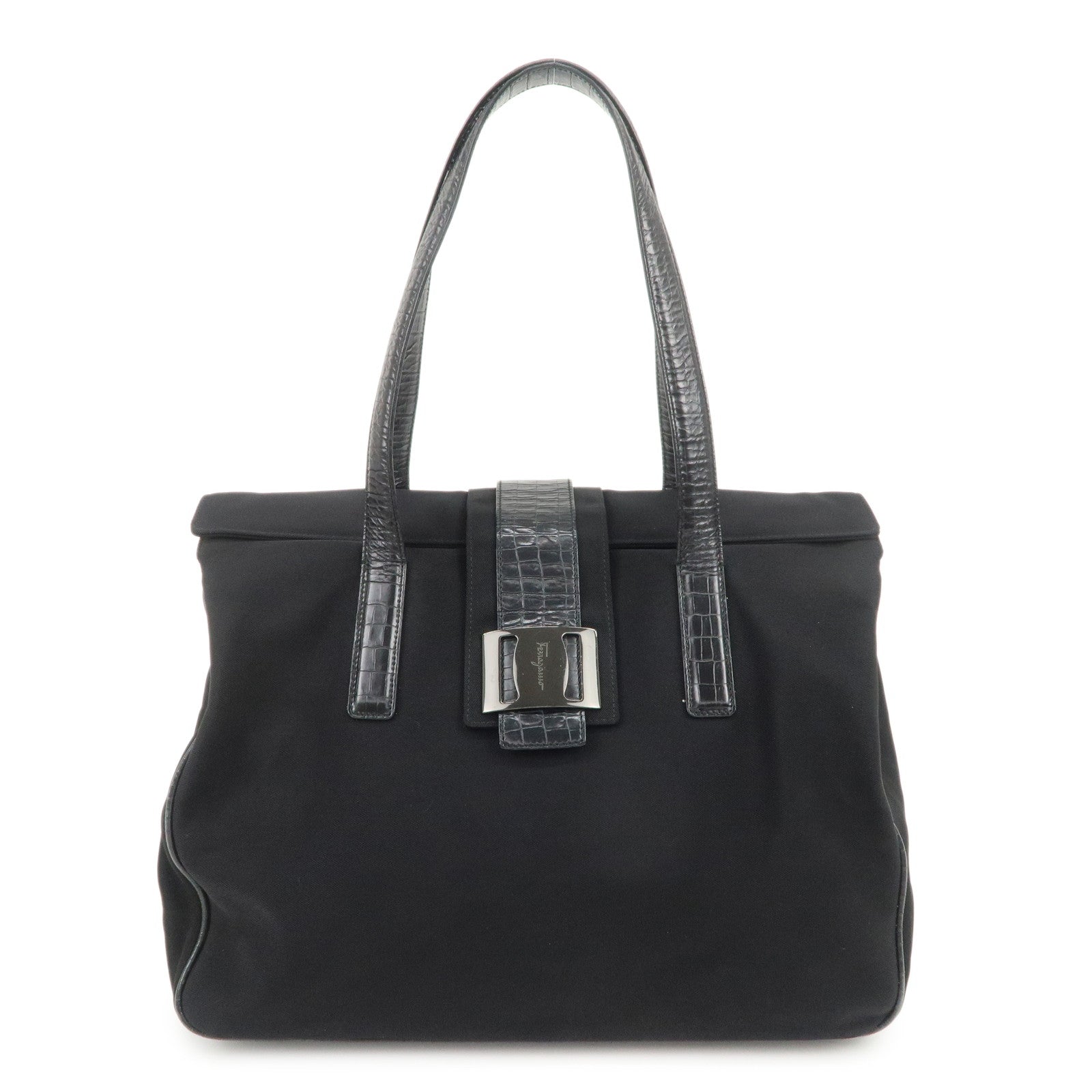 Ferragamo Vara Nylon Embossed Leather Shoulder Bag Hand Bag Black