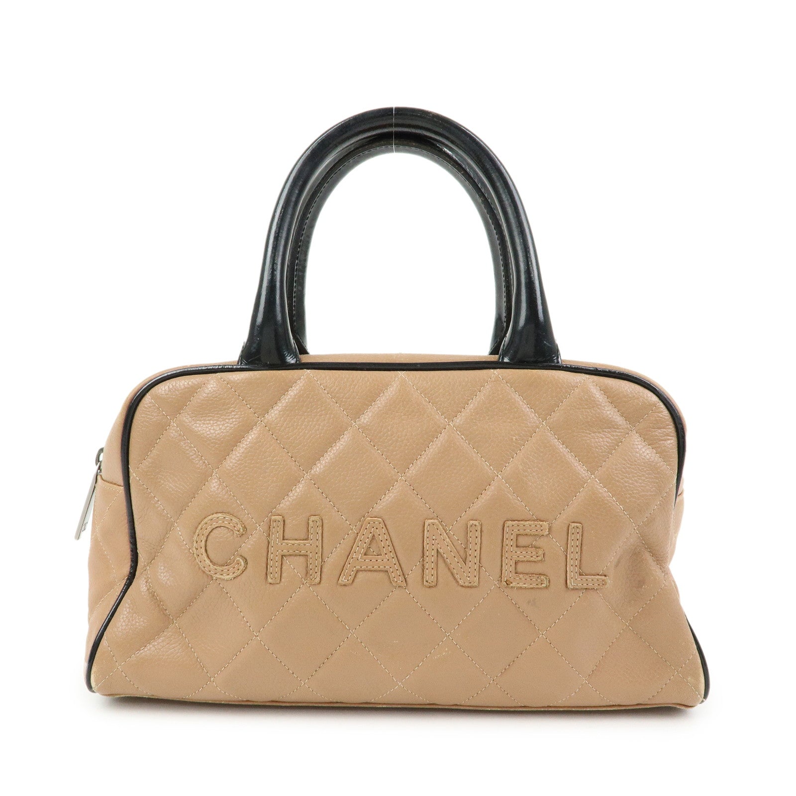 CHANEL Caviarskin Patent Leather Mini Boston Hand Bag Brown Black