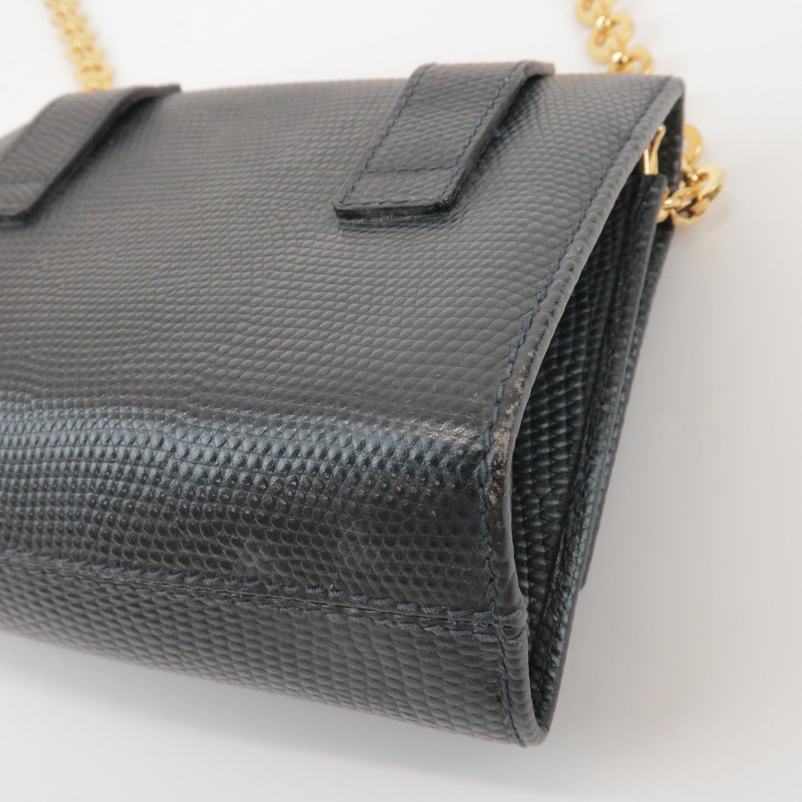 Ferragamo Vara Ribbon Embossed Leather Chain Shoulder Bag Navy