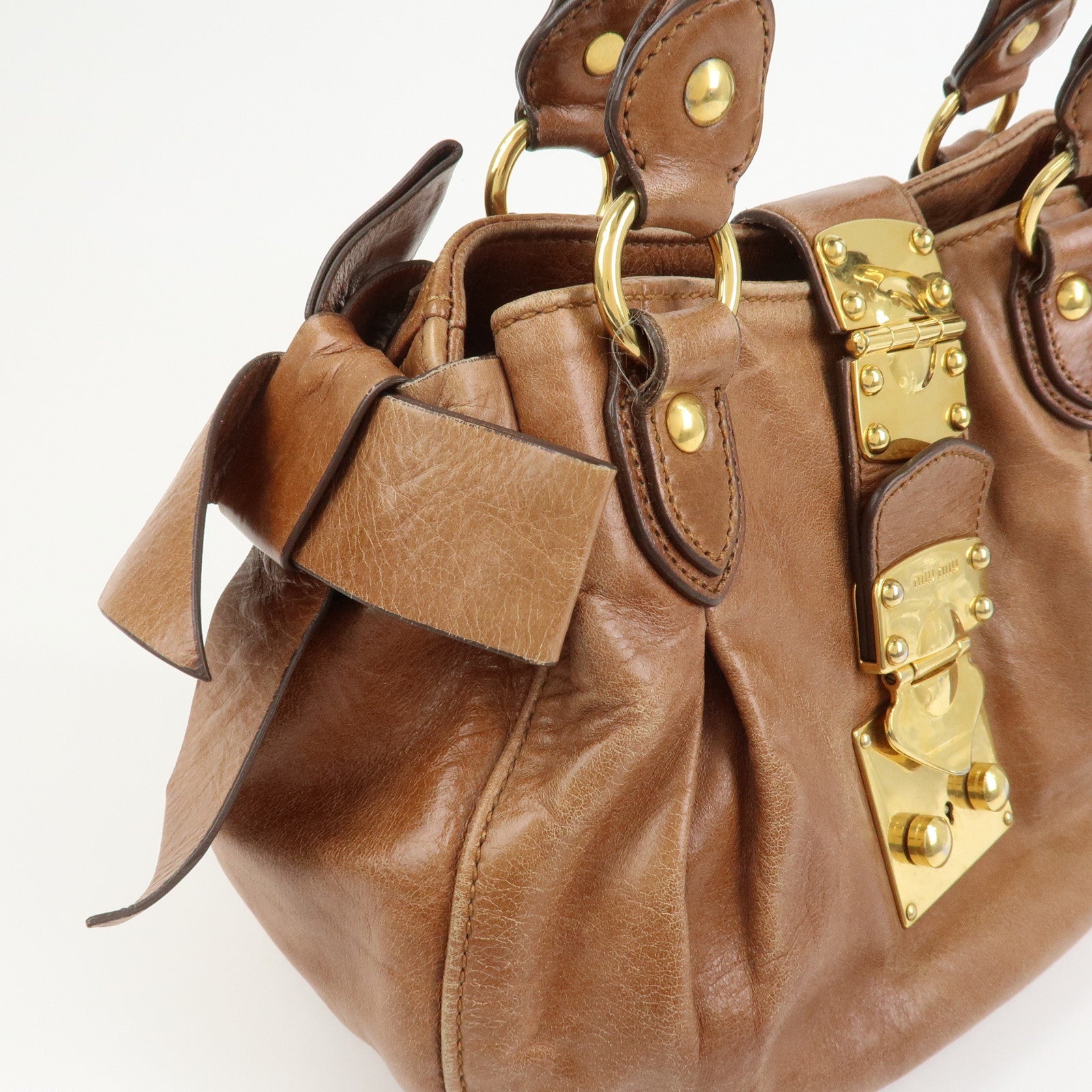MIU MIU Side Ribbon Leather 2Way Shoulder Hand Bag Brown RN0686