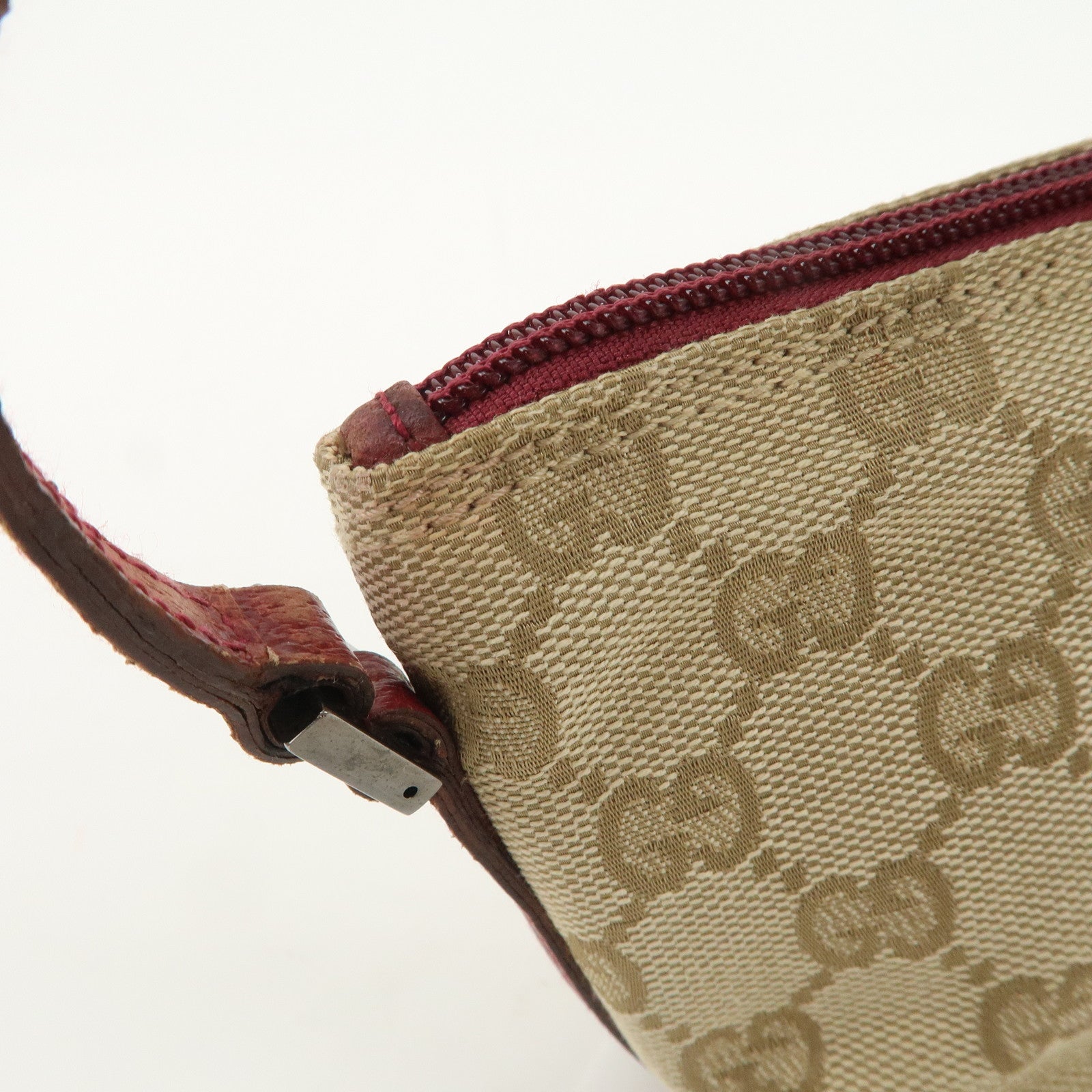 GUCCI Boat Bag GG Canvas Leather Hand Bag Pouch Beige Red 07198