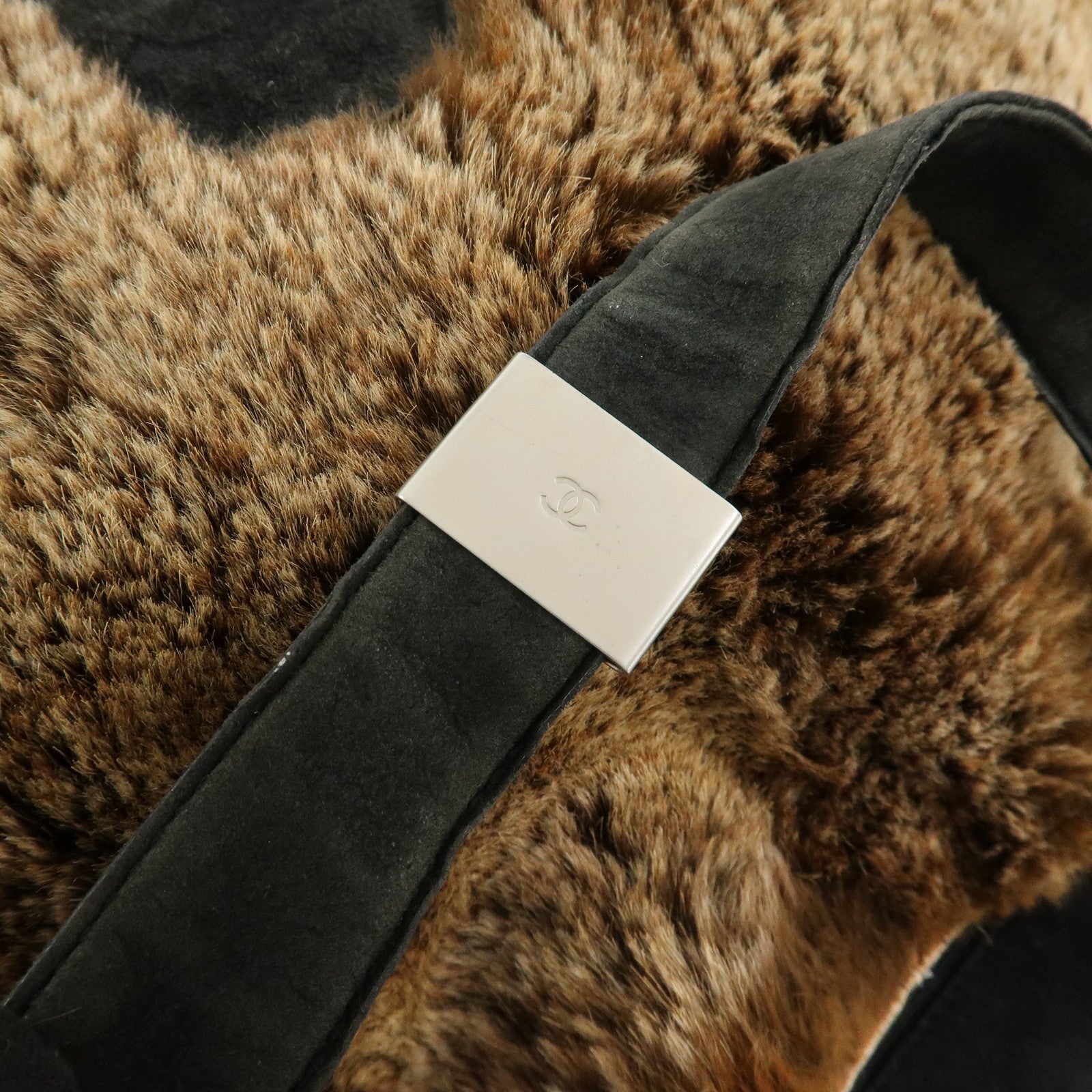 CHANEL COCO Mark Logo Fur Suede Tote Bag Hand Bag Brown