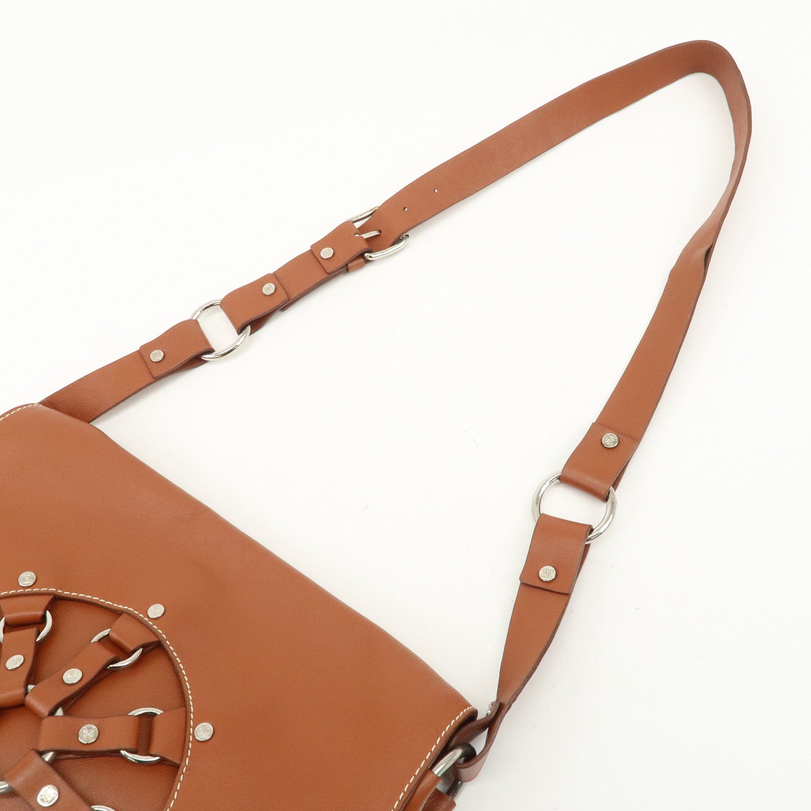 CELINE Leather Hand Bag Shoulder Bag Brown Silver HDW