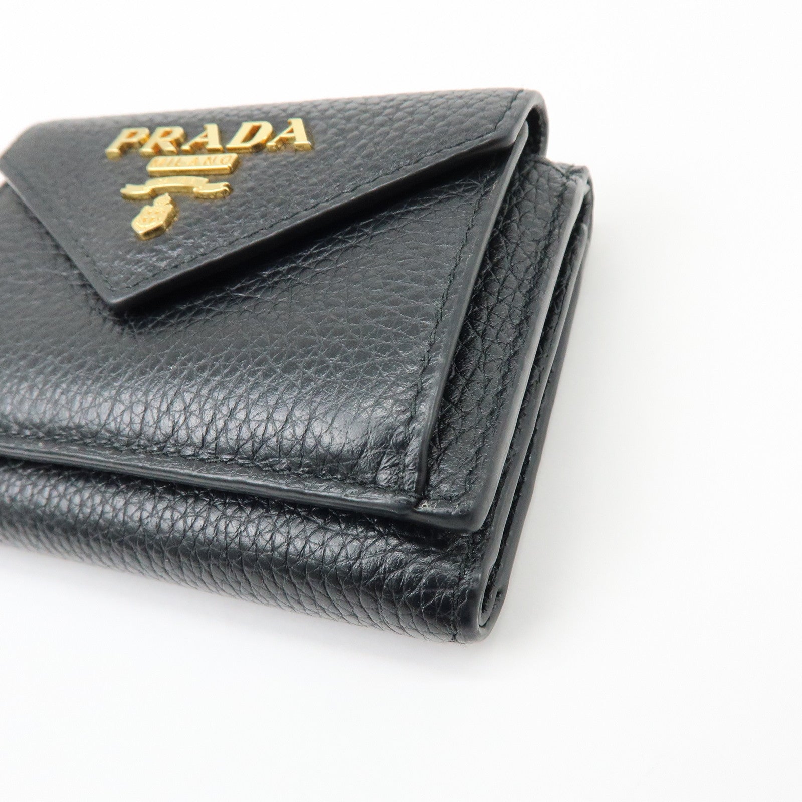 PRADA Logo Saffiano Leather Tri-fold Compact Wallet Black 1MH021