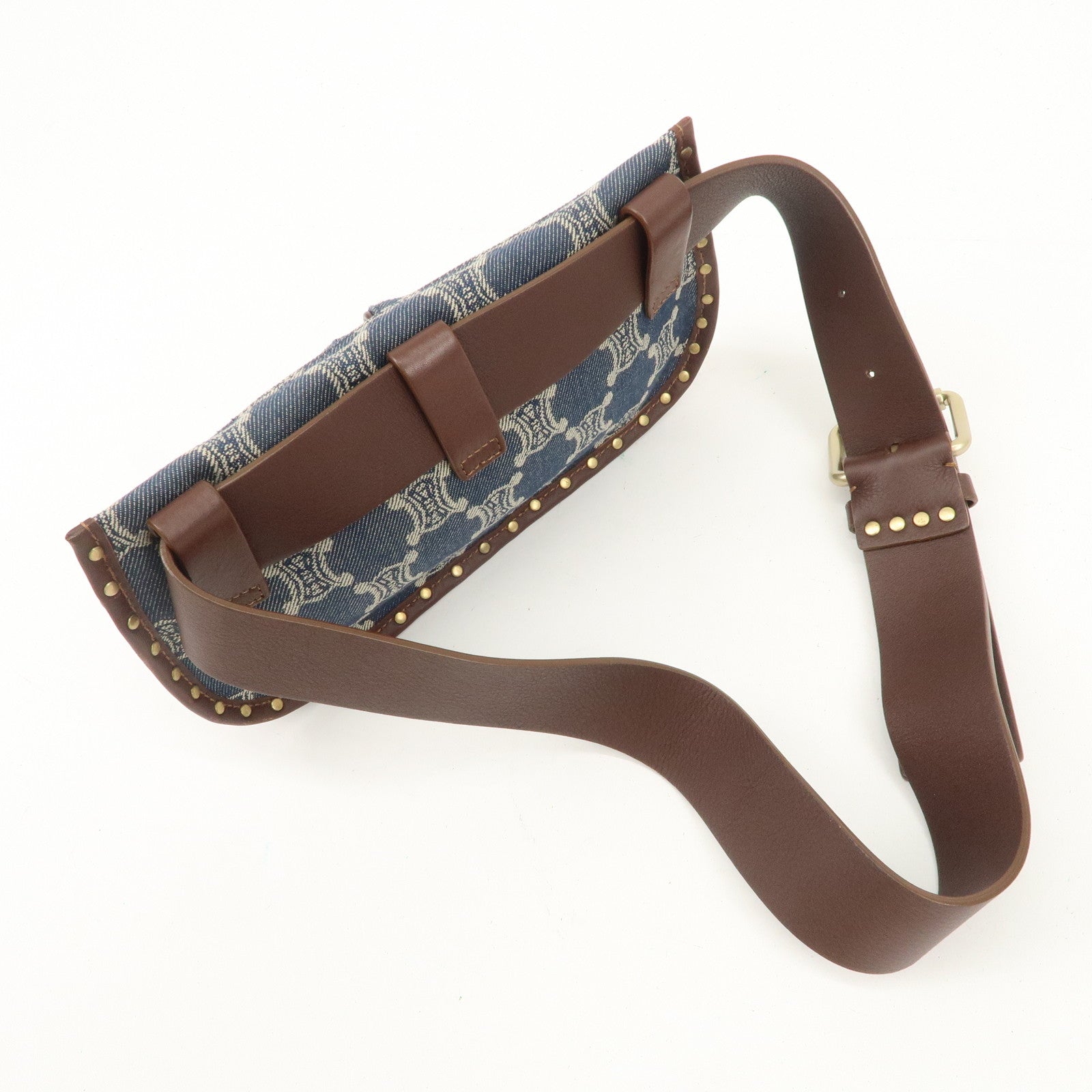 CELINE Macadam Waist Bag Denim Navy Dark Brown Gold HDW Used