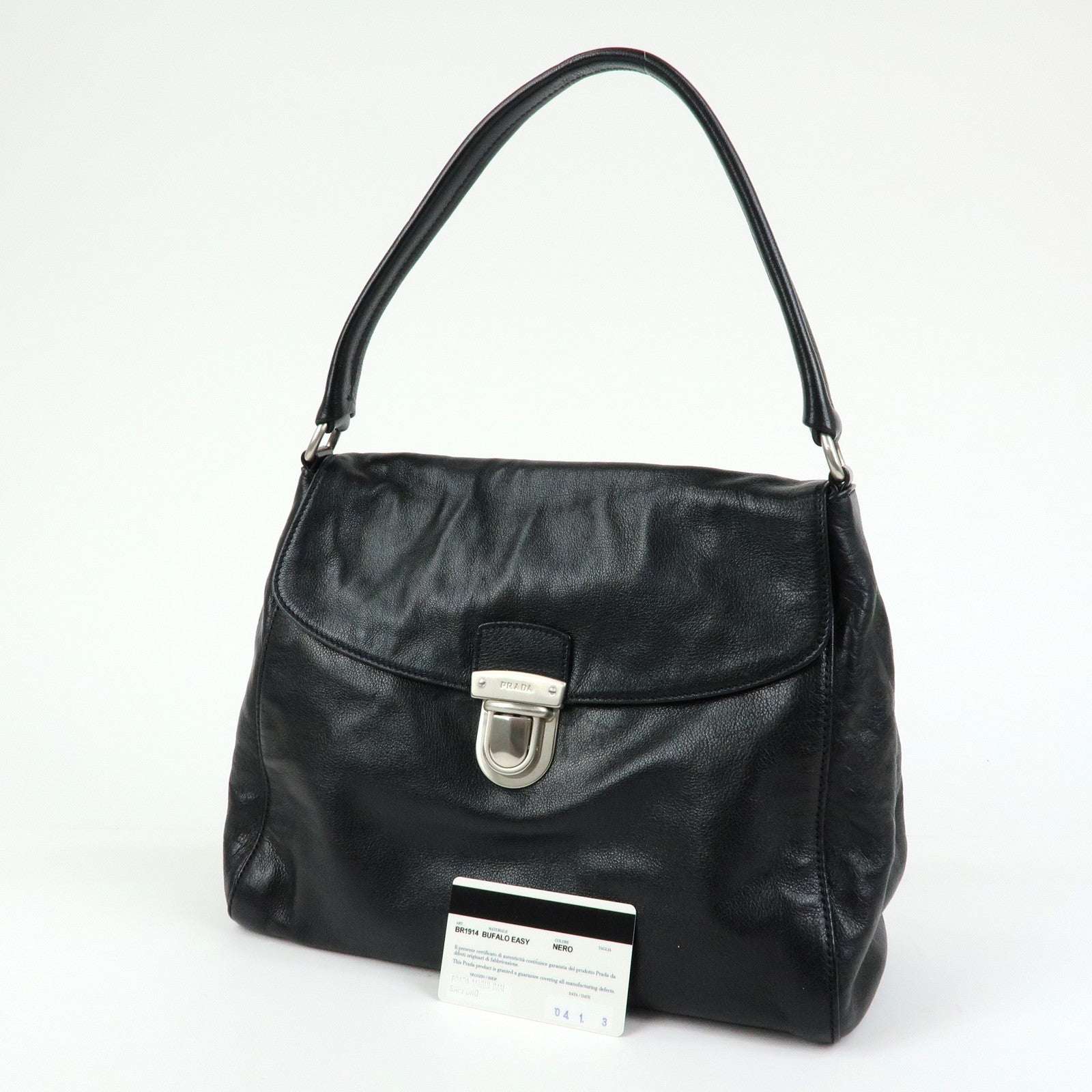 PRADA Triangle Logo Leather Hand Bag Shoulder Bag Black