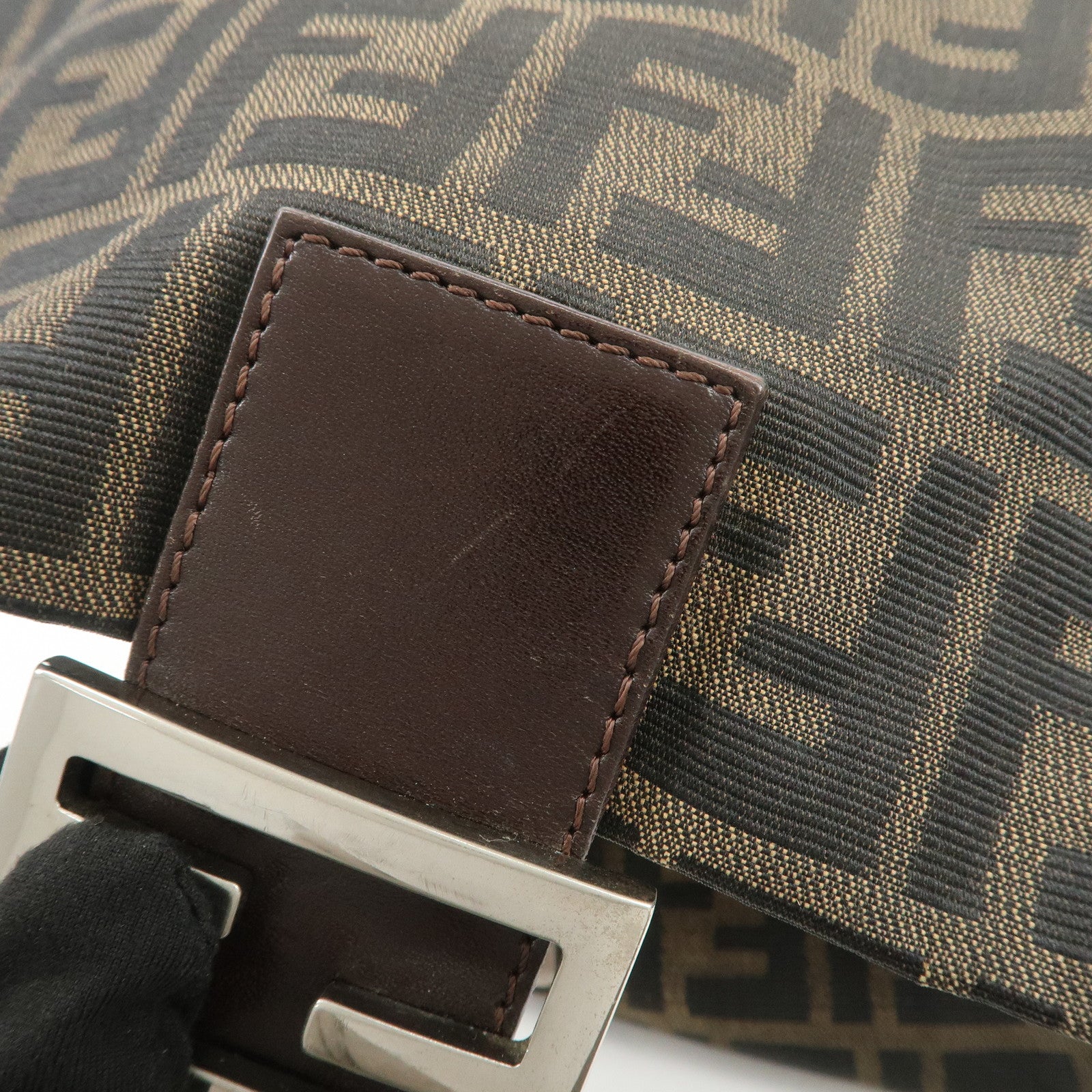 FENDI Mamma Baguette Zucca Canvas Leather Shoulder Bag Brown 26325