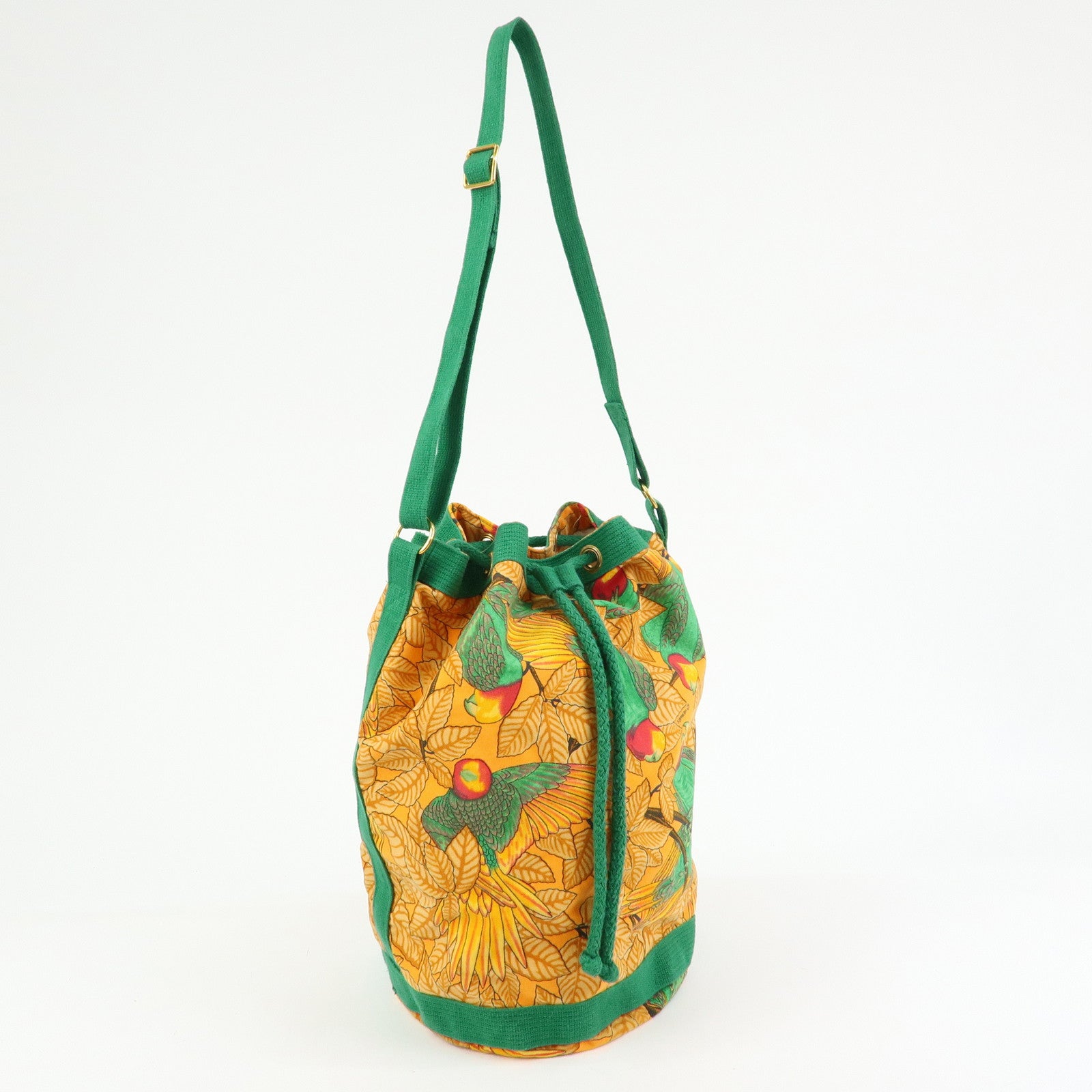 HERMES Canvas Drawstring Shoulder Bag Crossbody Bag Orange Green