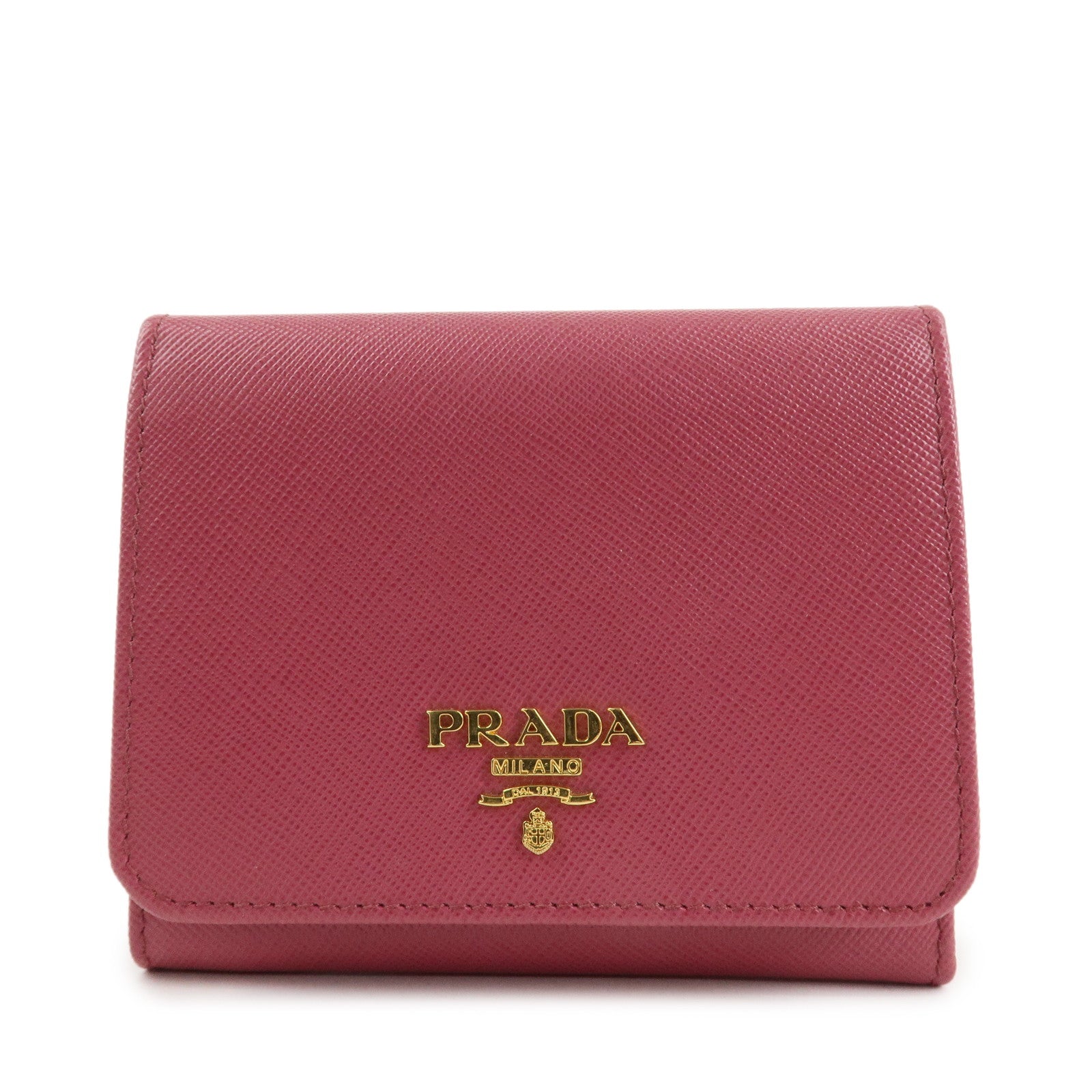 PRADA Logo Saffiano Leather Tri-fold Compact Wallet Pink 1M0176 Used