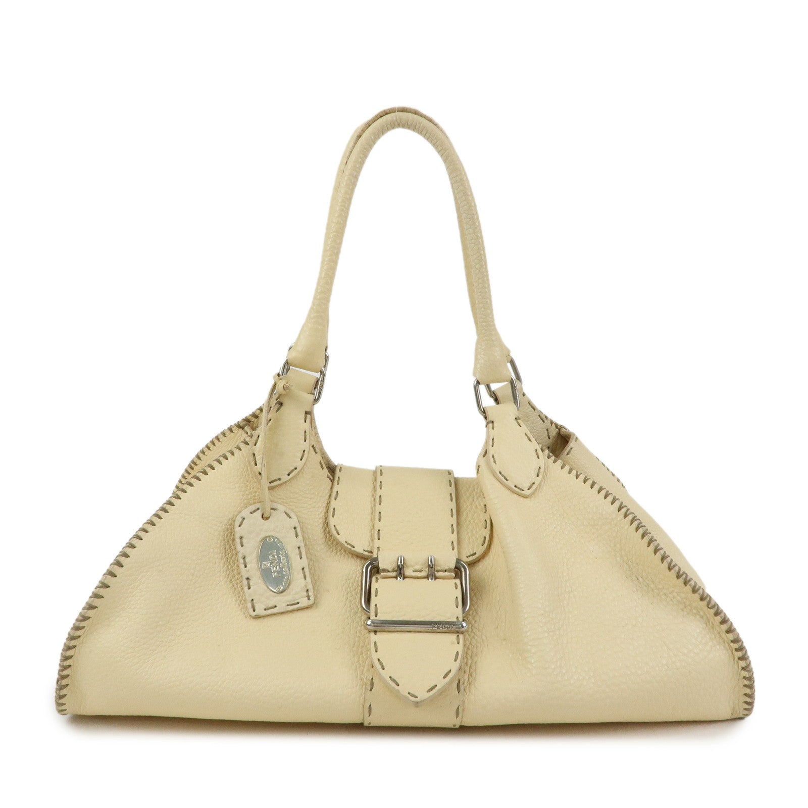 FENDI Selleria Leather Hand Bag Shoulder Bag Cream 8BR457