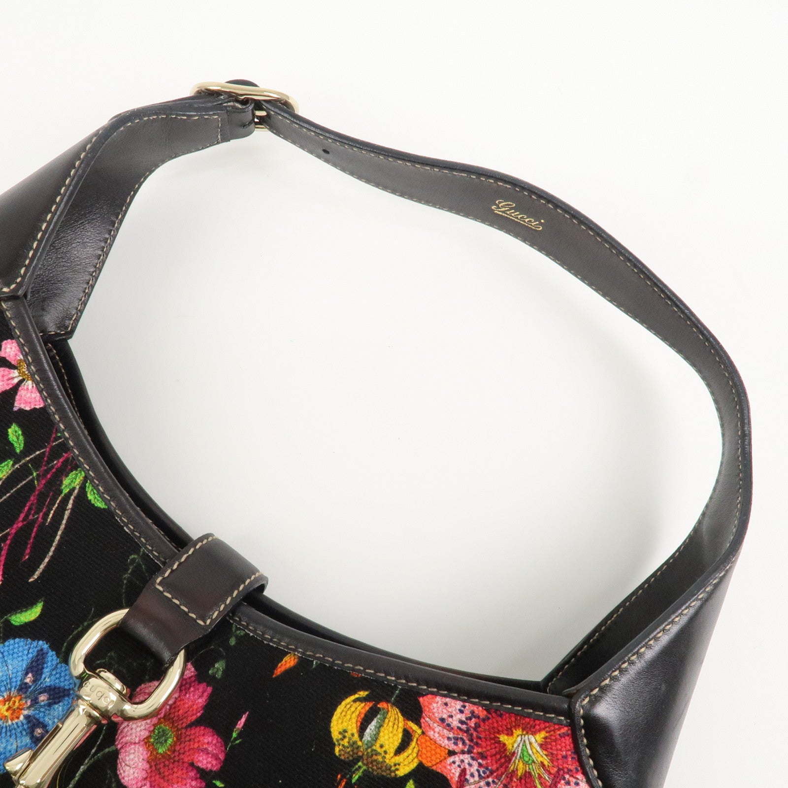 GUCCI Canvas Leather Shoulder Bag Flower Print Black 153029