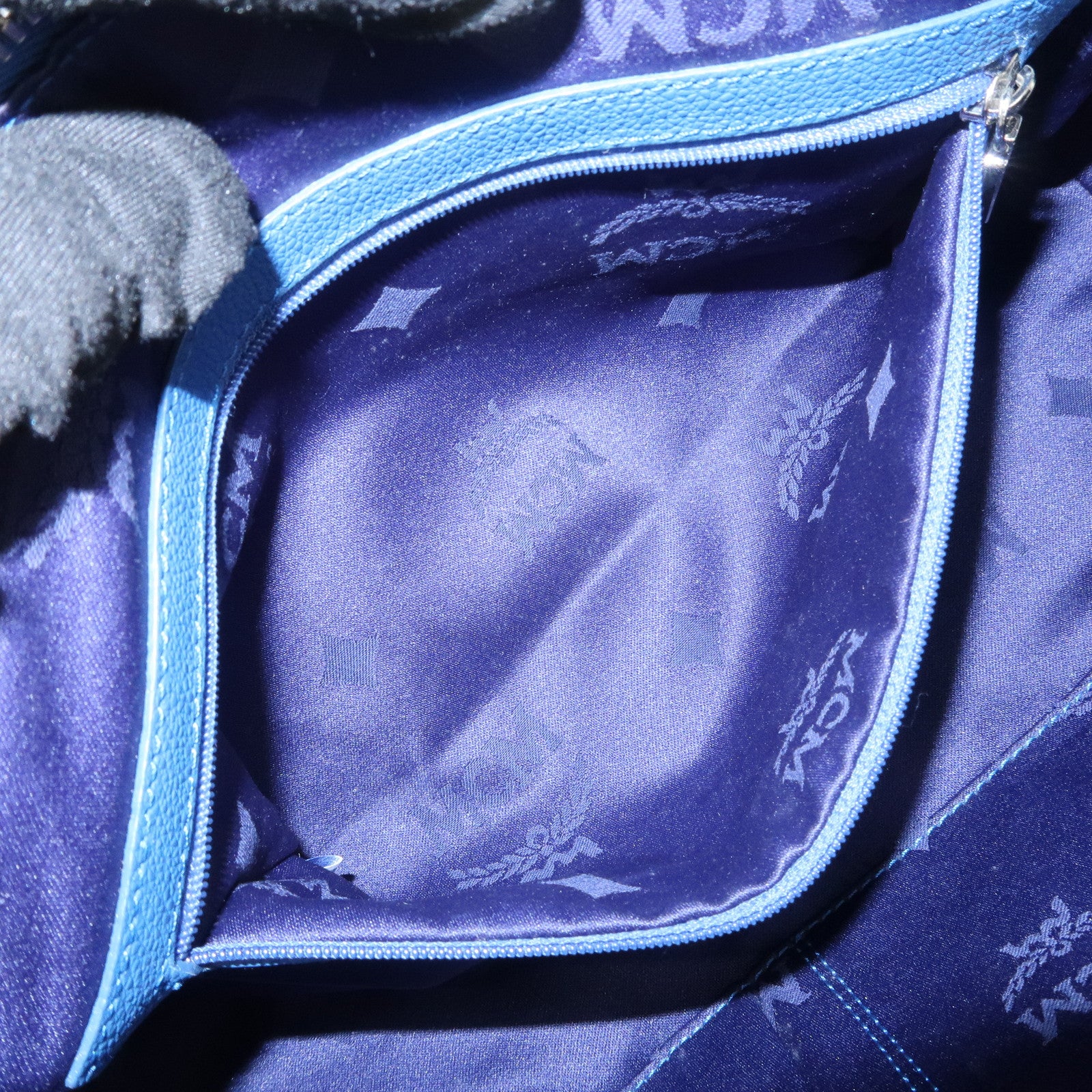 MCM Logo Leather Hand Bag Silver Studs Blue