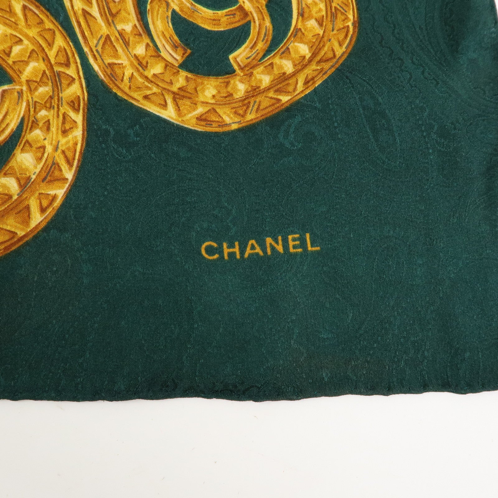 CHANEL COCO Mark Silk 100% Scarf Green Gold