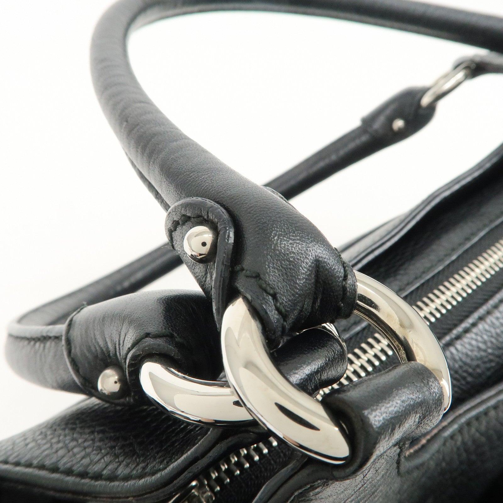 Ferragamo Gancini Leather Hand Bag Shoulder Bag Black Silver