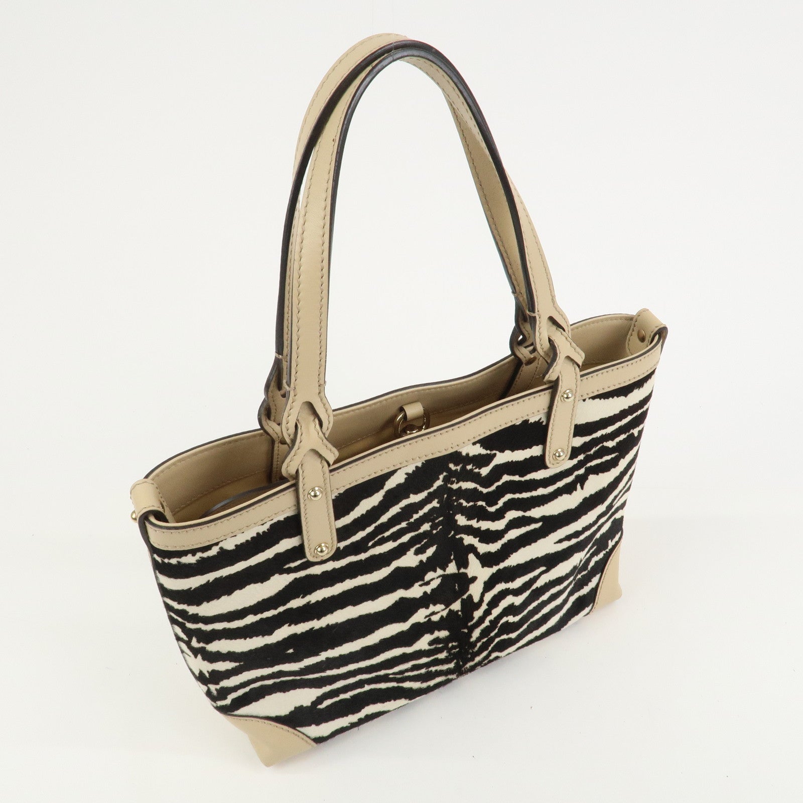 GUCCI Pony Hair Leather Shoulder Bag Hand Bag Beige Black 269878