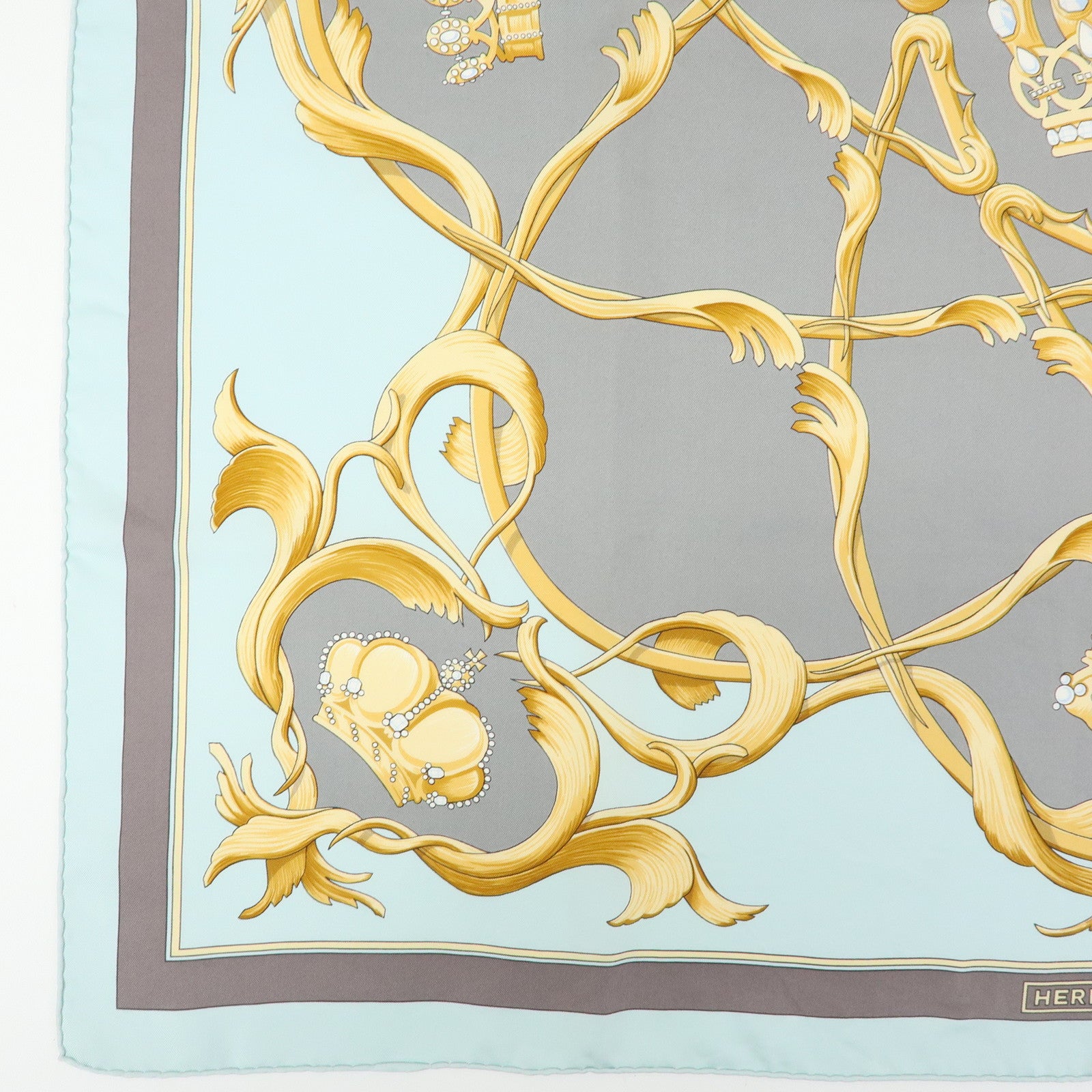 HERMES Carre 90 Silk 100% Scarf CROWN Sky Blue White