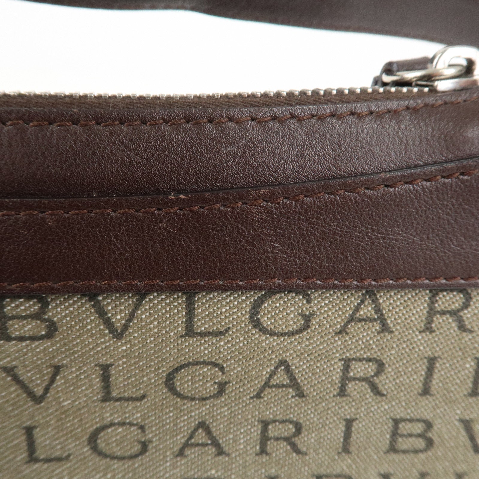 BVLGARI Logo Mania Canvas Leather Shoulder Bag khaki Dark Brown Used