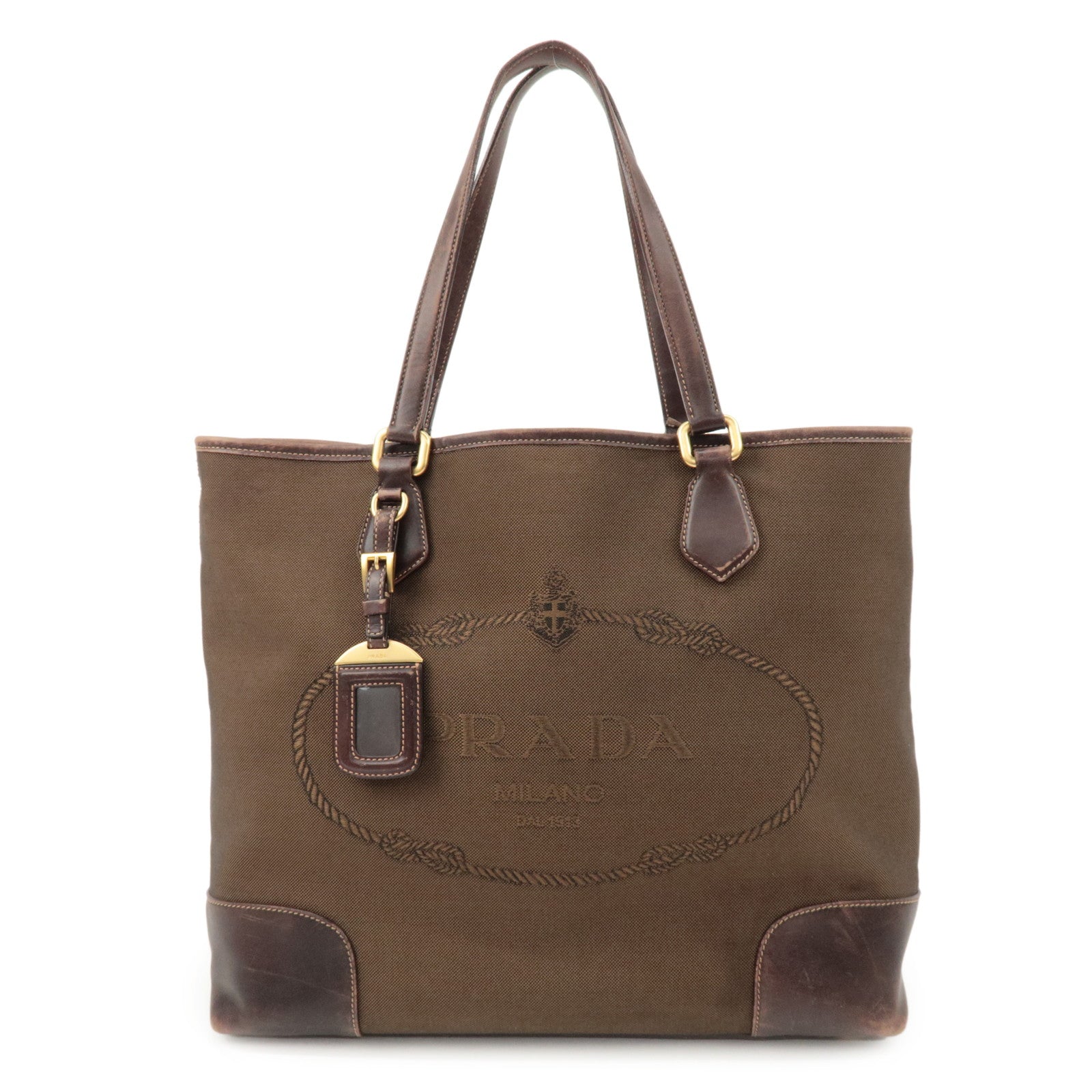 PRADA Triangle Logo Jacquard Leather 2Way Bag Tote Bag Brown Used