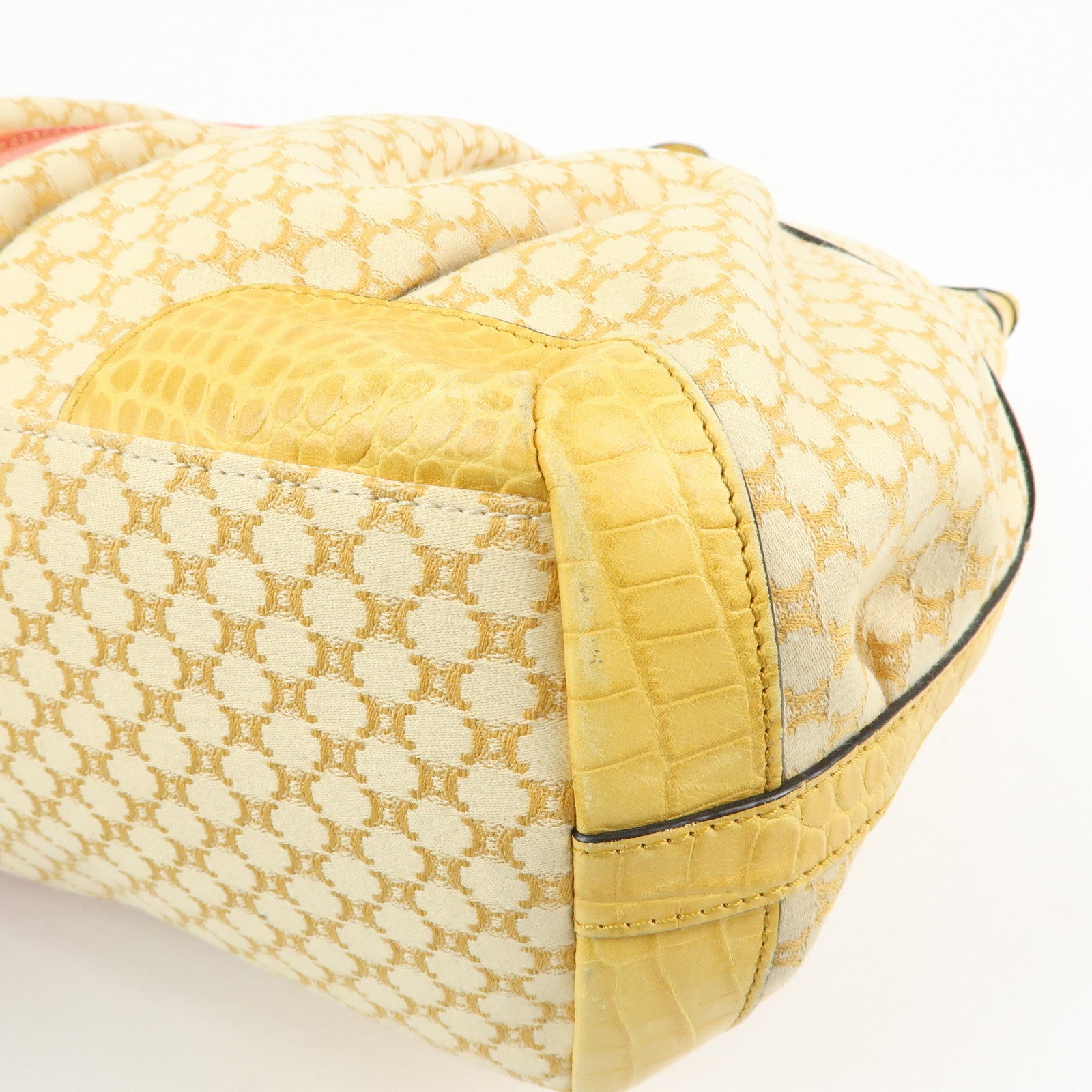 CELINE Macadam Canvas Leather Tote Bag Hand Bag Yellow Red Beige