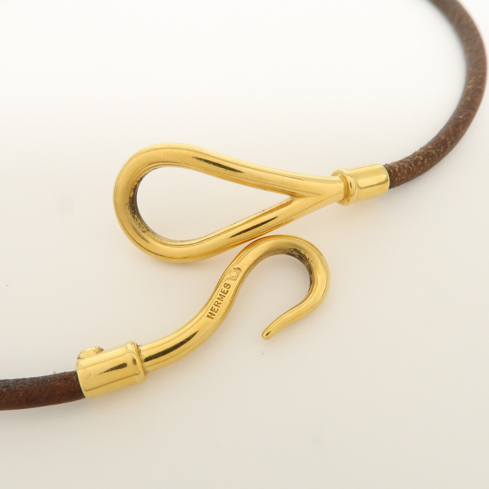 HERMES Logo Leather Metal Jumbo Choker Bracelet Brown