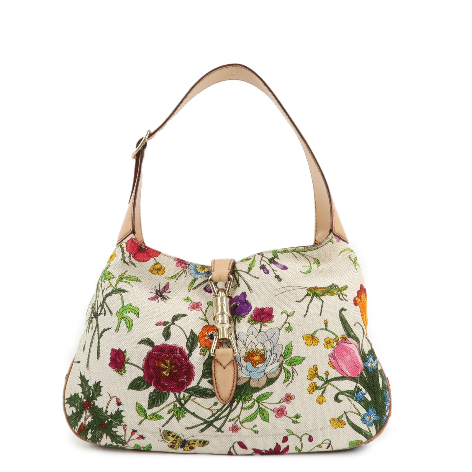 GUCCI New Jackie Flora Canvas Leather Shoulder Bag Multicolor Used