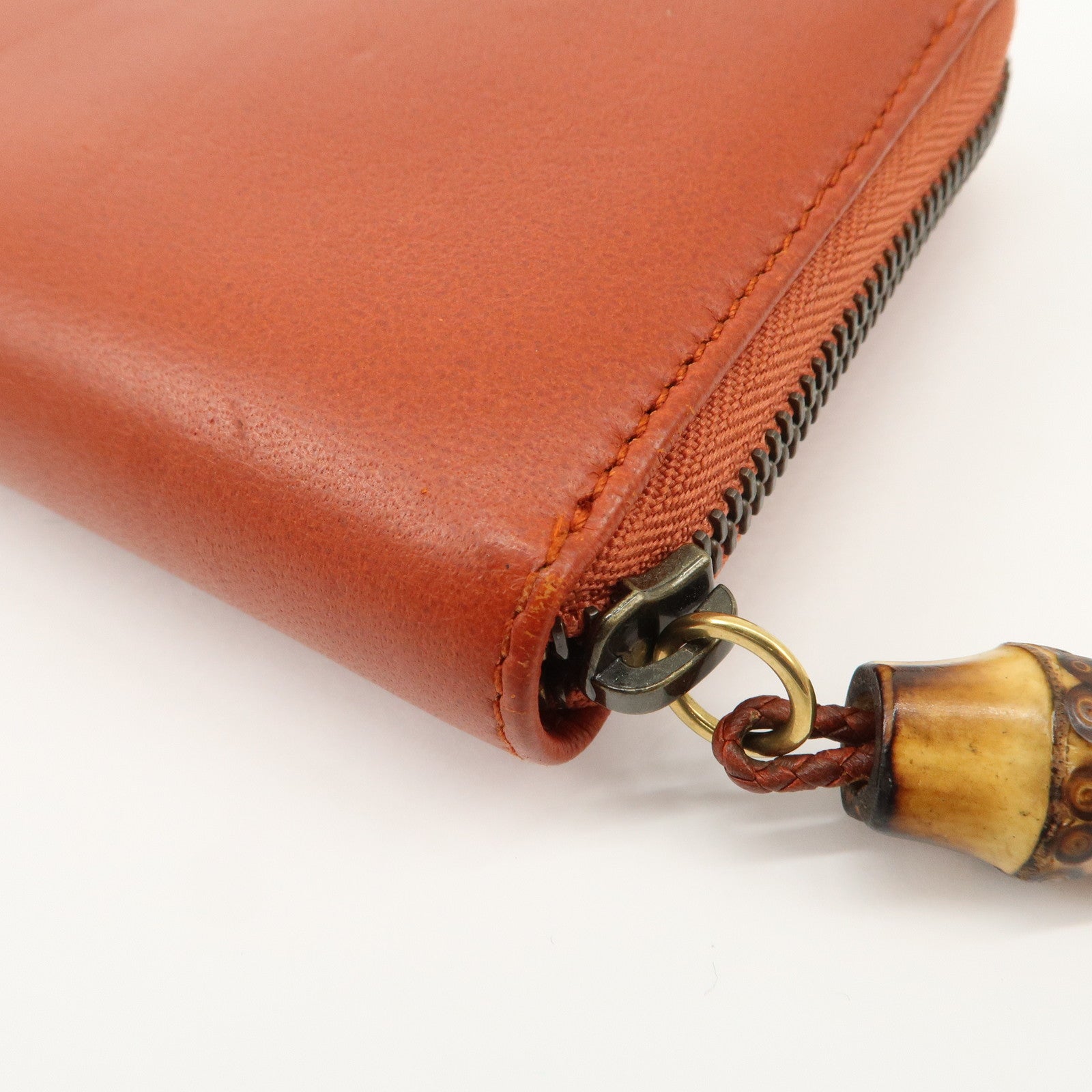 GUCCI Bamboo Leather Long Round Zippy Wallet Orange 339178 Used