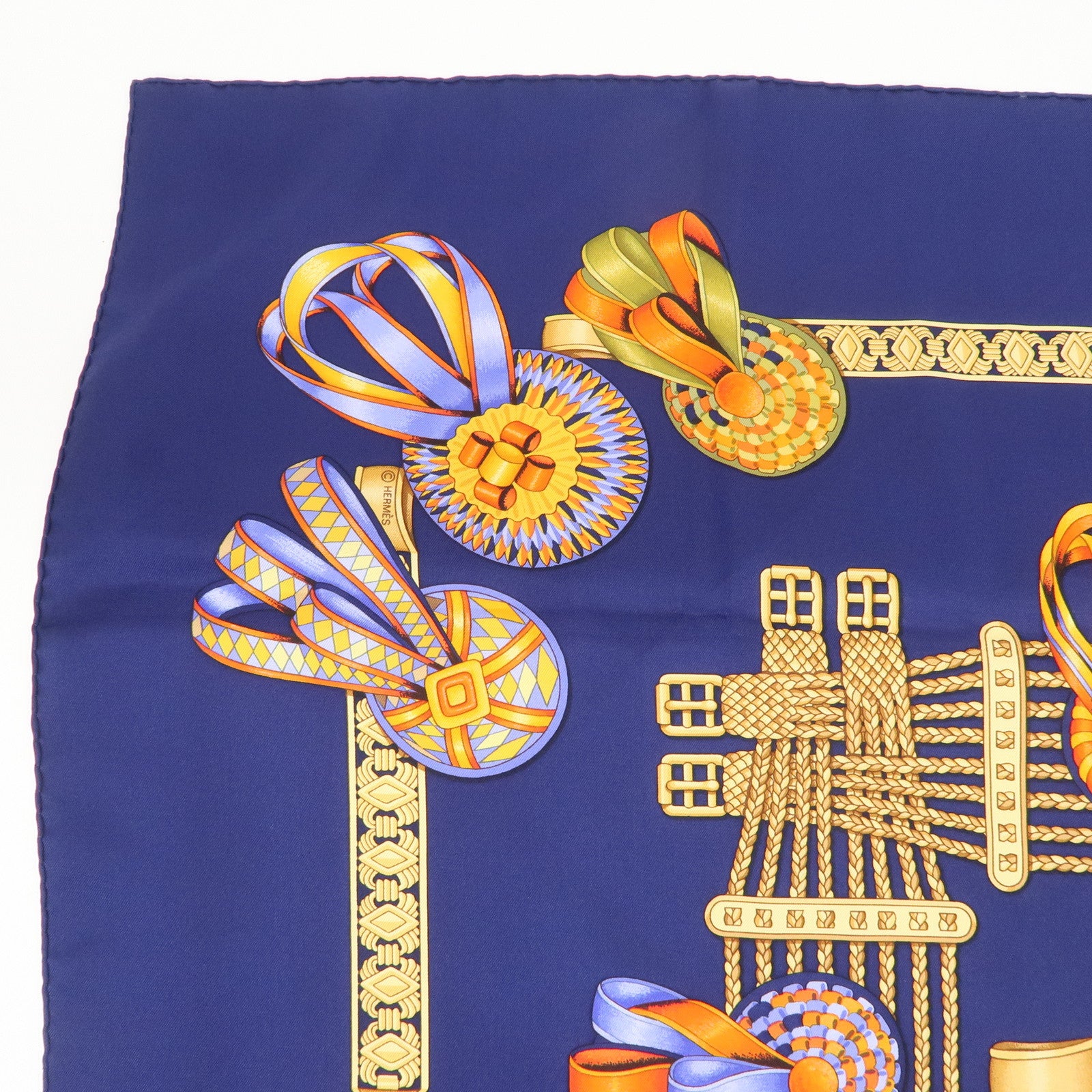 HERMES Carre 90 LES RUBANS DU CHEVAL Silk 100% Scarf Navy