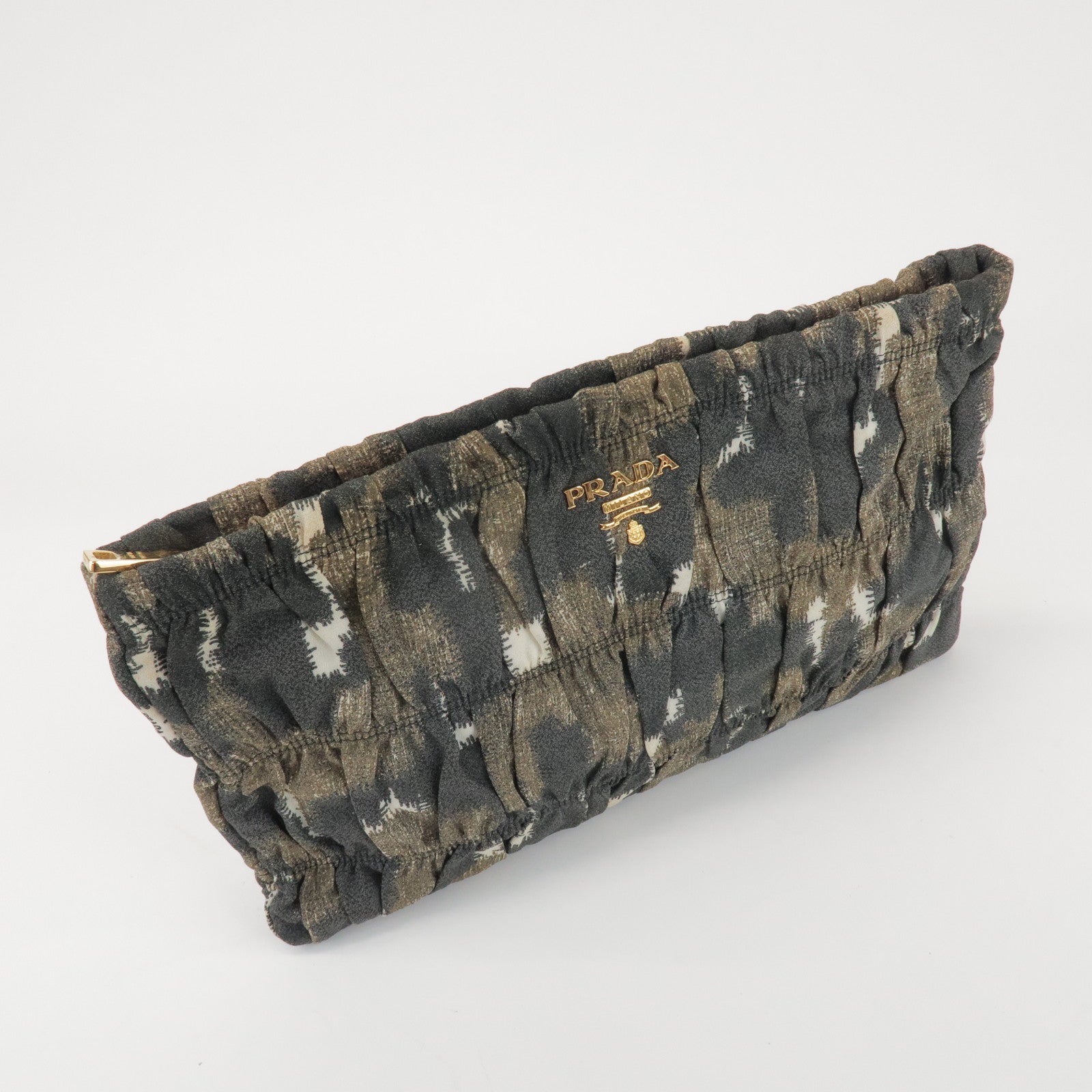 PRADA Logo Canvas Camouflage Gathered Design Clutch Bag Khaki Black