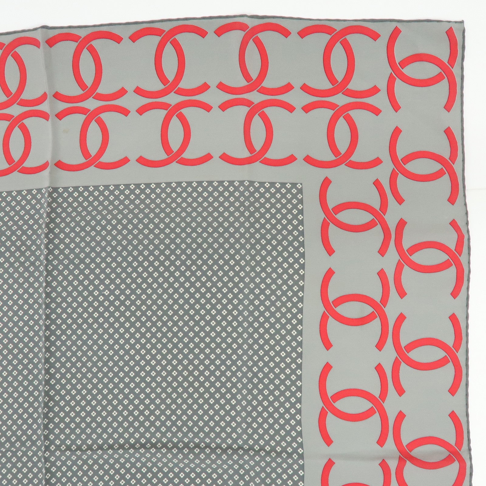 CHANEL COCO Mark Silk 100% Scarf Shawl Geometric Pattern Gray Red
