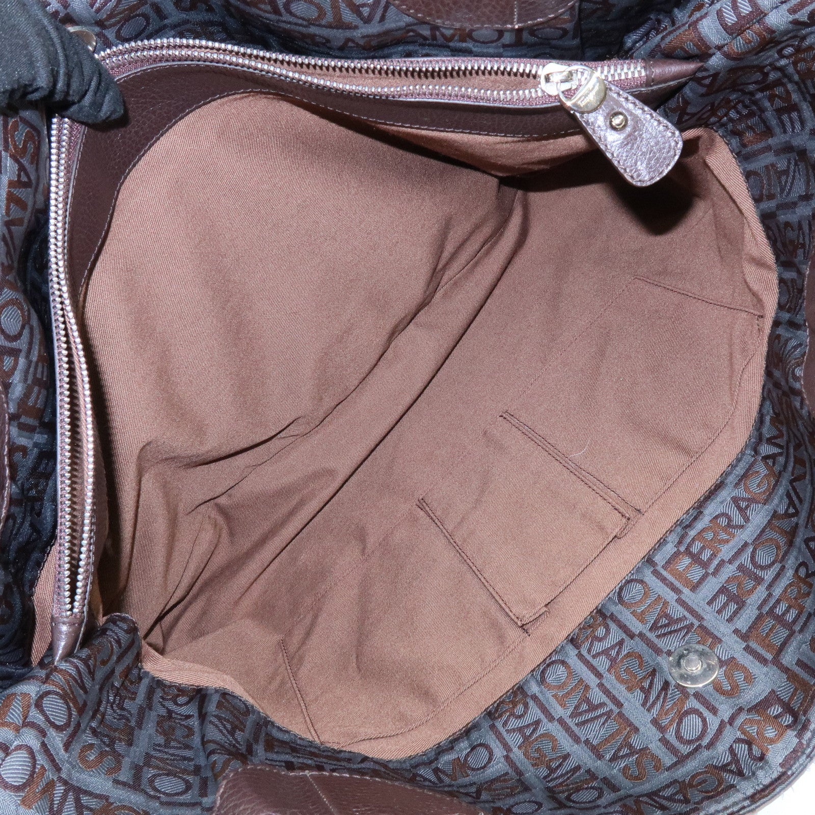 Ferragamo Gancini Canvas Leather Tote Bag Shoulder Bag Brown