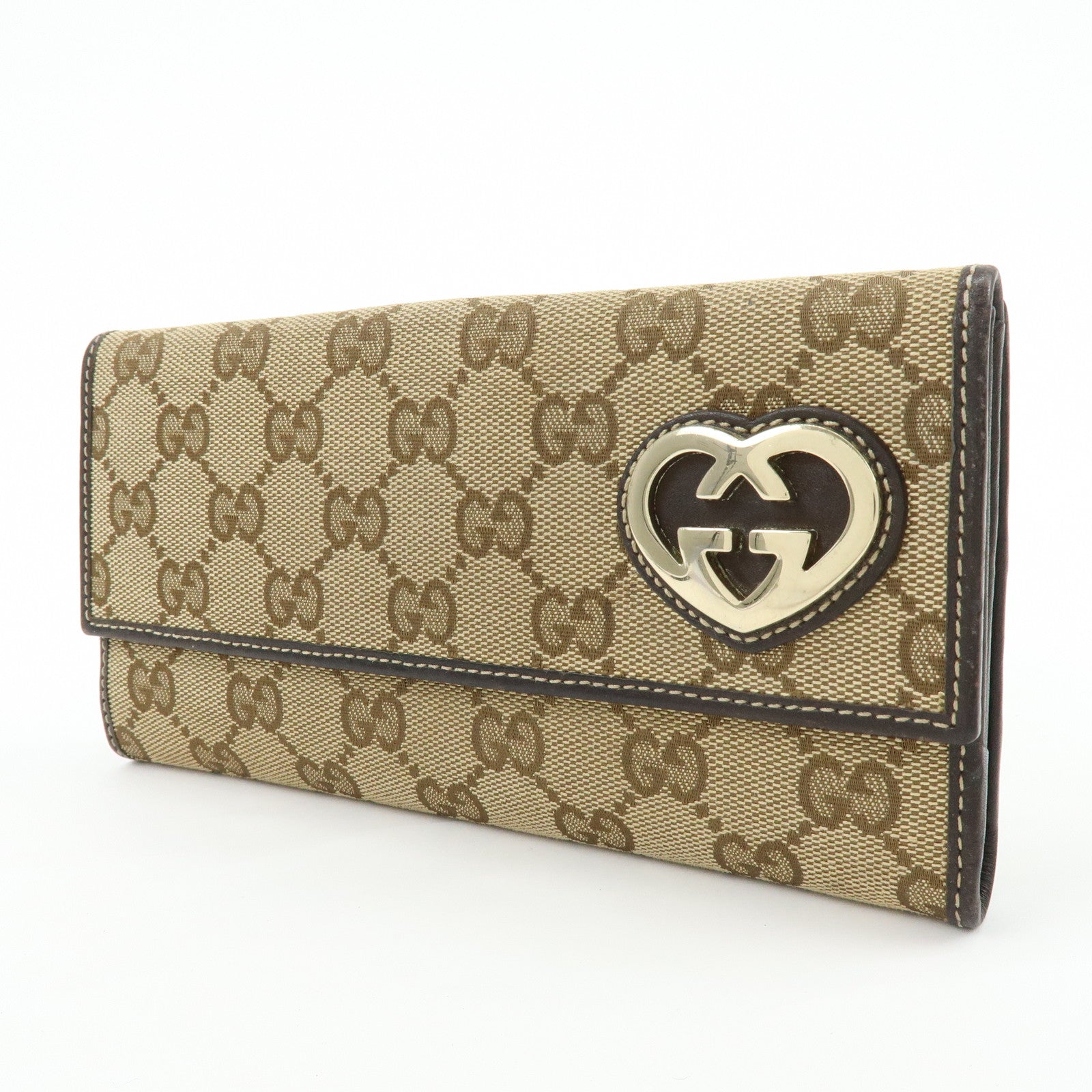 GUCCI Lovely Heart GG Canvas Leather Long Wallet Brown 245723