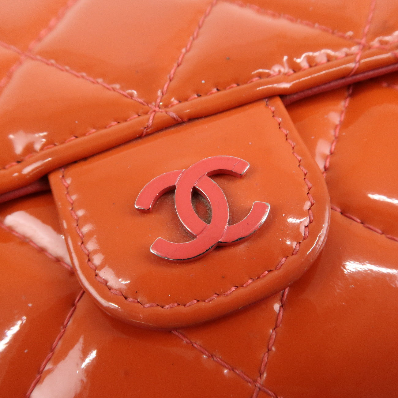 CHANEL Matelasse Patent Leather Long Wallet Card Case Pouch Orange Used