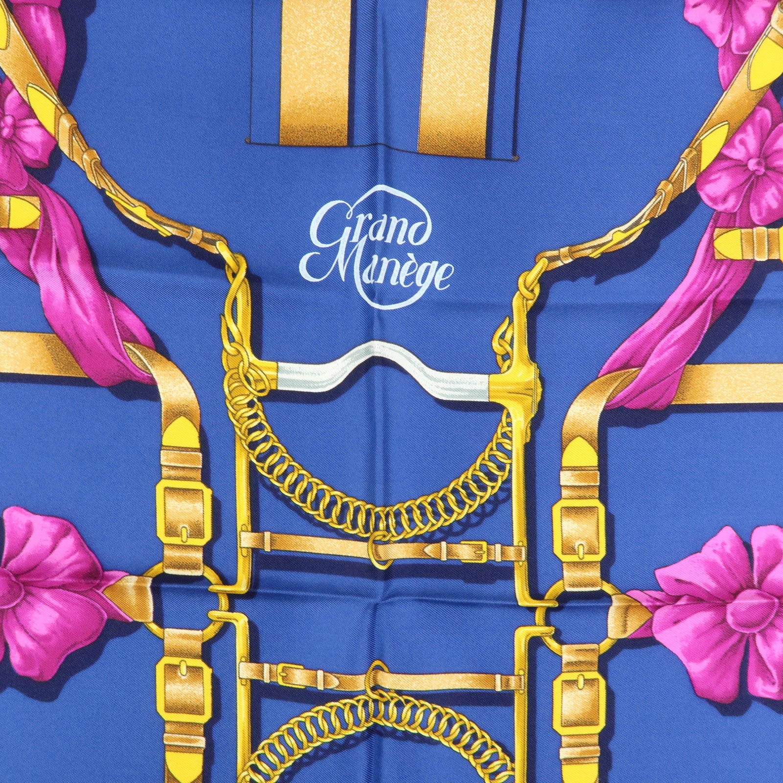HERMES Carre 90 Silk 100% Scarf Grand Manege Navy Gold
