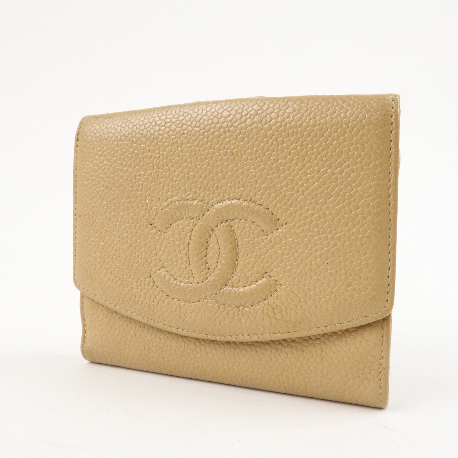 CHANEL COCO Mark Caviarskin W Hook Bi-fold Wallet Beige Used