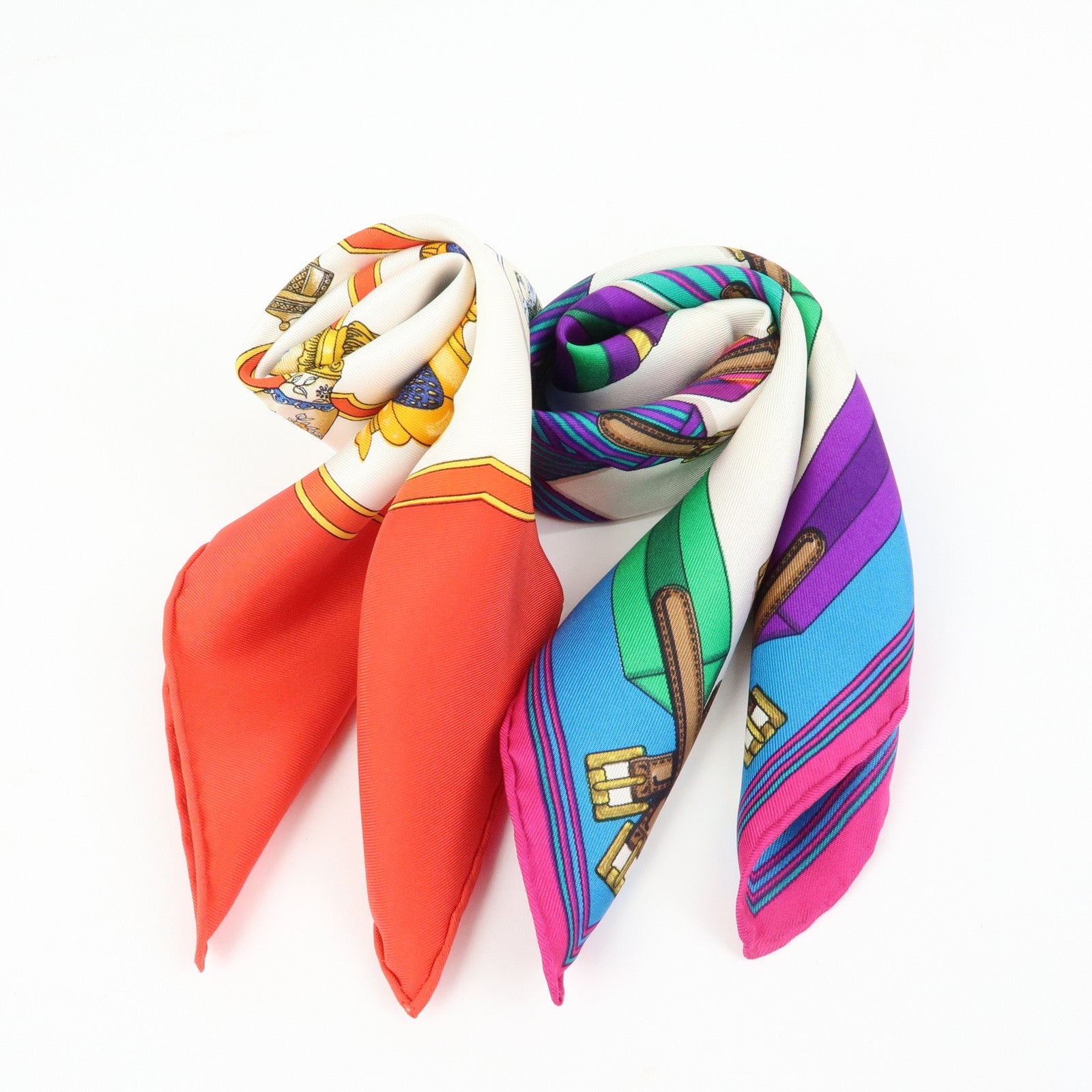 HERMES Carre 45 Set of 2 Silk 100% Scarf White Purple Orange